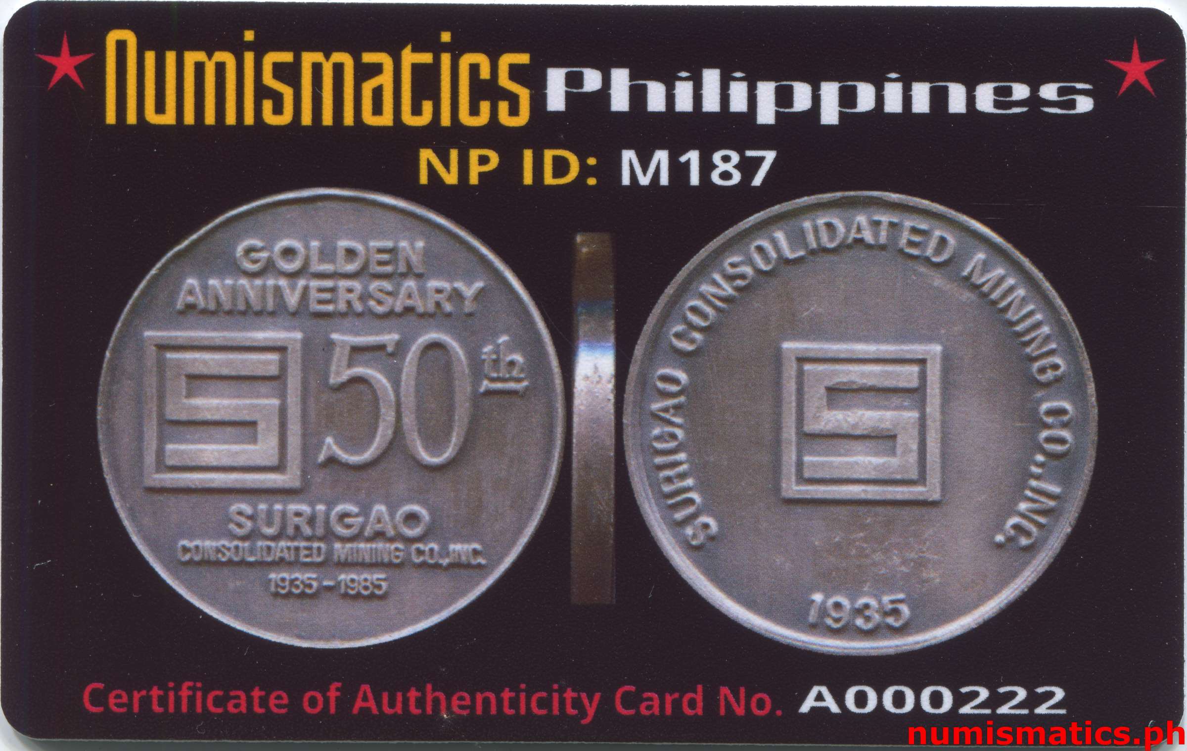 1985 Golden Anniversary Surigao Consolidated Mining Co., Inc. Medal A000222 COA Card Obverse