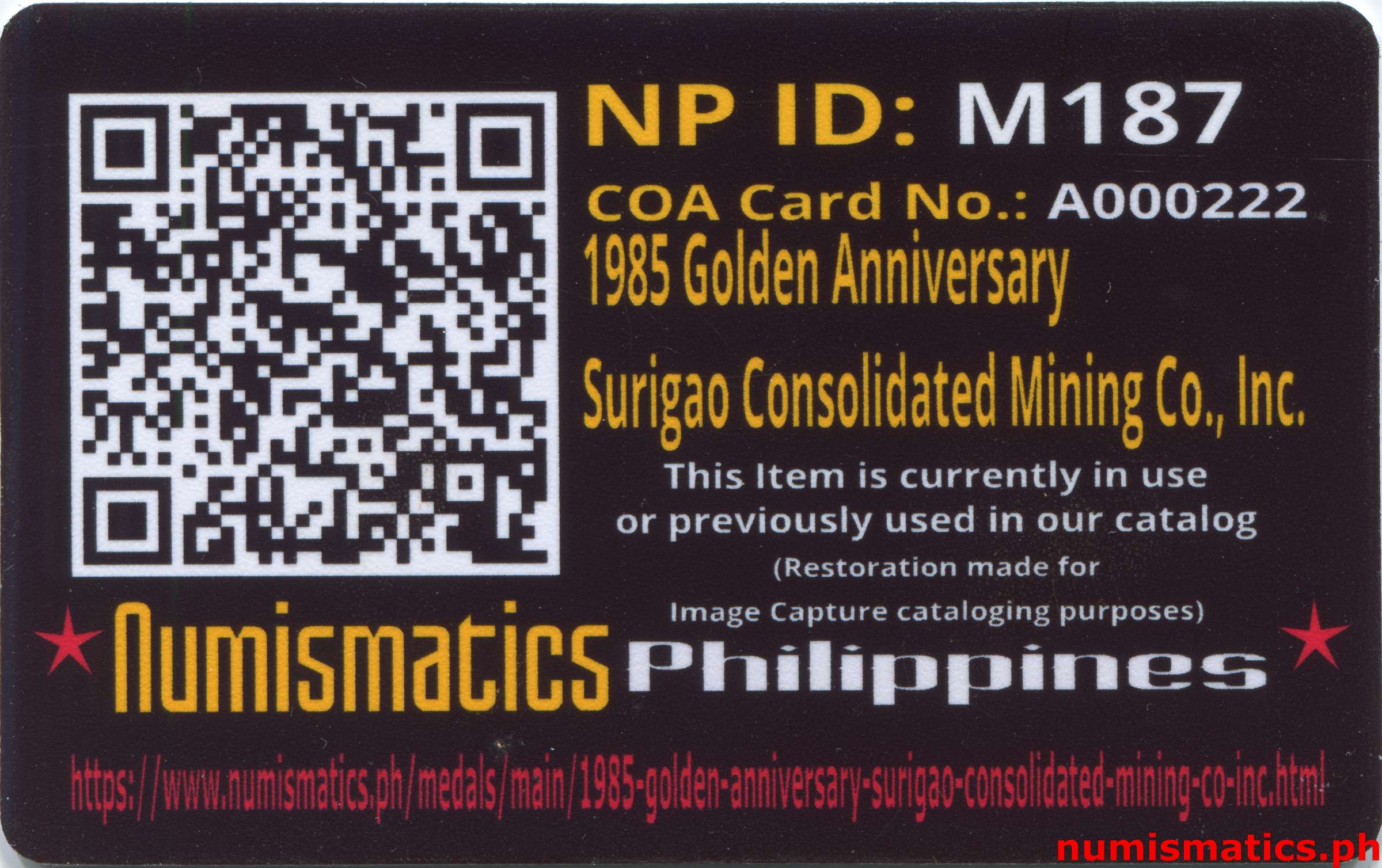 1985 Golden Anniversary Surigao Consolidated Mining Co., Inc. Medal A000222 COA Card Reverse