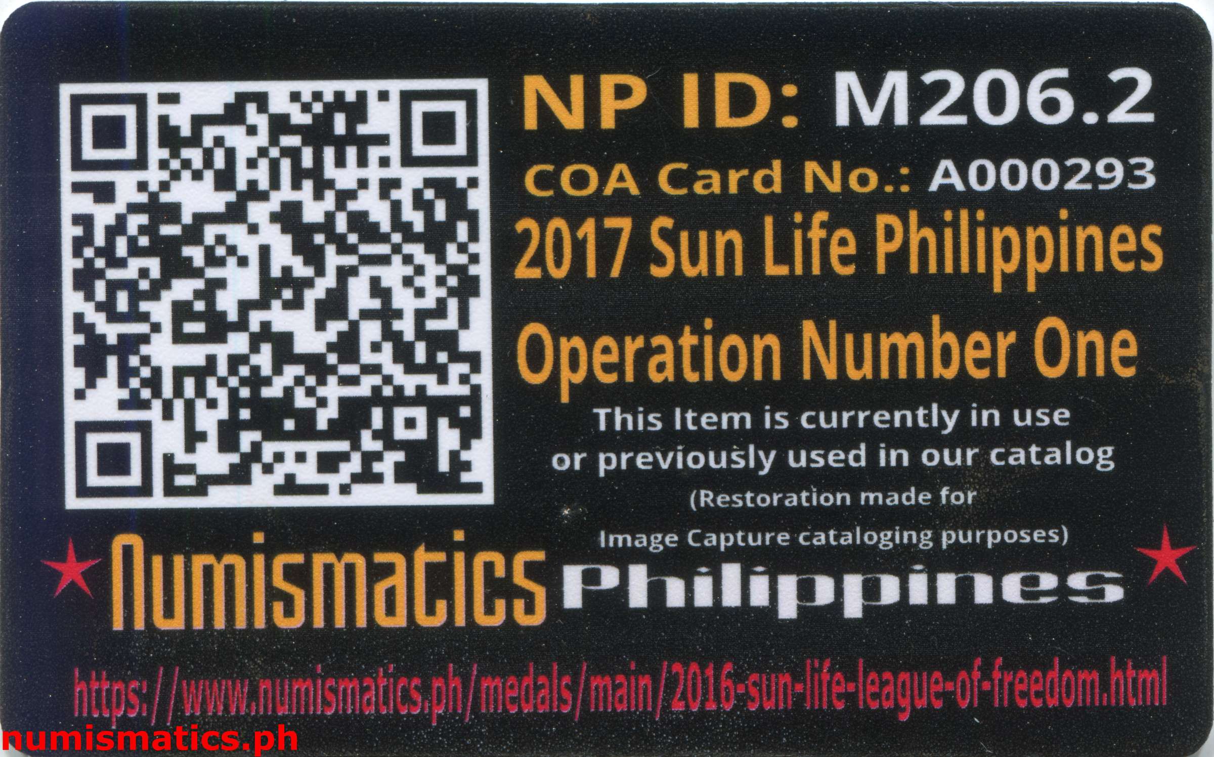 2017 Sun Life Philippines Operation Number One Medal A000293 COA Card Reverse