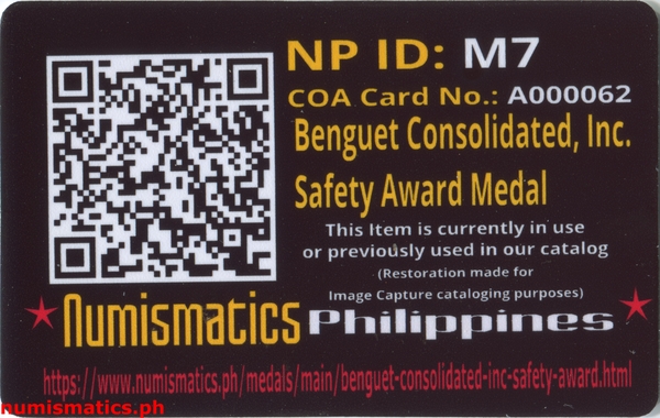 1964 Benguet Consolidated, Inc. Safety Award Medal A000062 COA Card Reverse