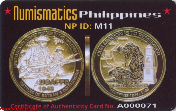 Filipino-American Memorial Endowment Challenge Coin A000071 COA Card Obverse
