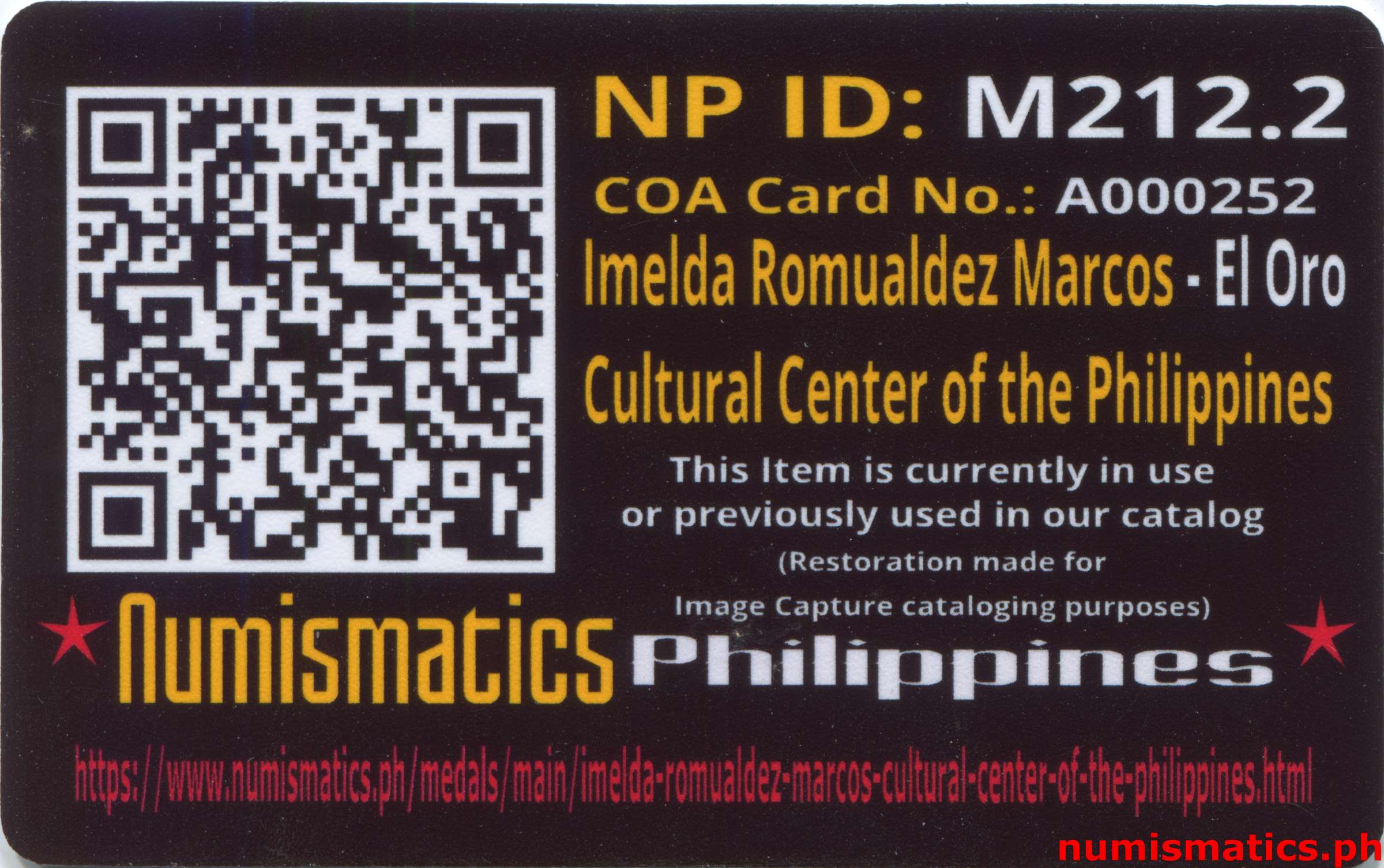 (1969) Imelda Romualdez Marcos - Cultural Center of the Philippines Inauguration A000252 COA Card Reverse