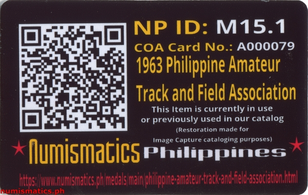 1963 Philippine Amateur Track and Field Association National Open Bronze Medal A000079 COA Card Reverse