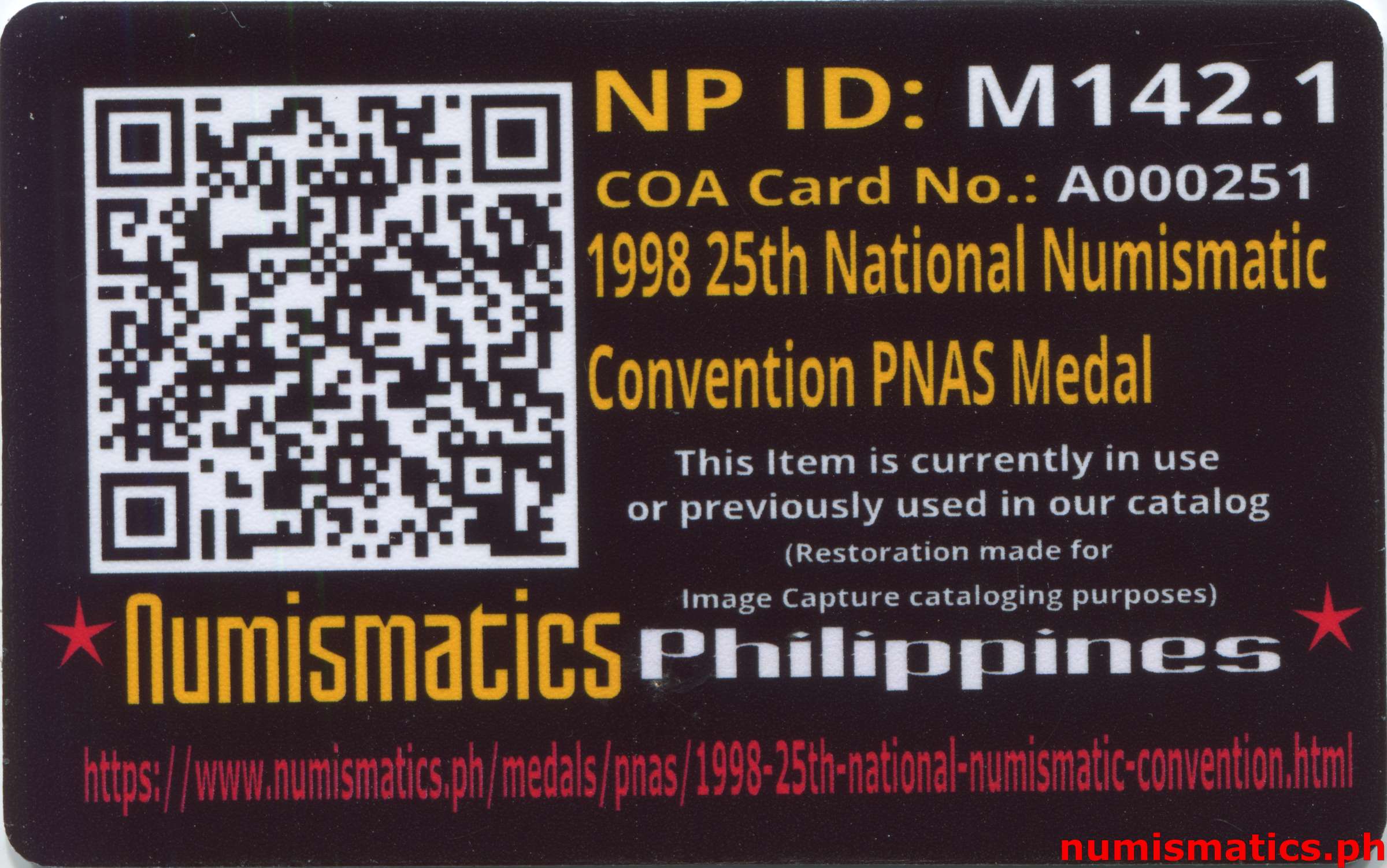 1998 25th National Numismatic Convention PNAS Medal Bronze A000251 COA Card Reverse
