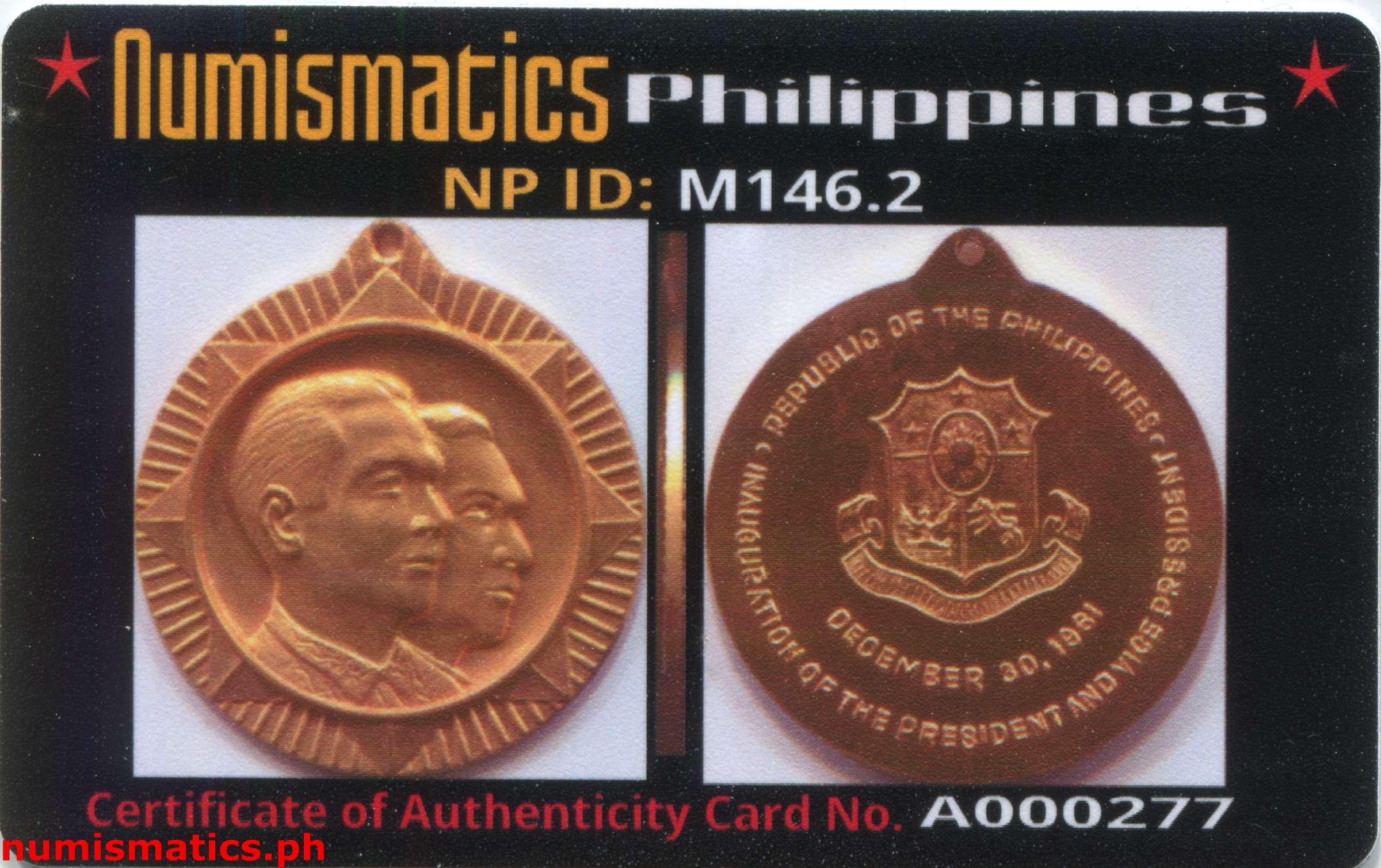 1961 President Macapagal and Vice President Pelaez Inauguration G.C. Valdez Medal A000277 COA Card Obverse