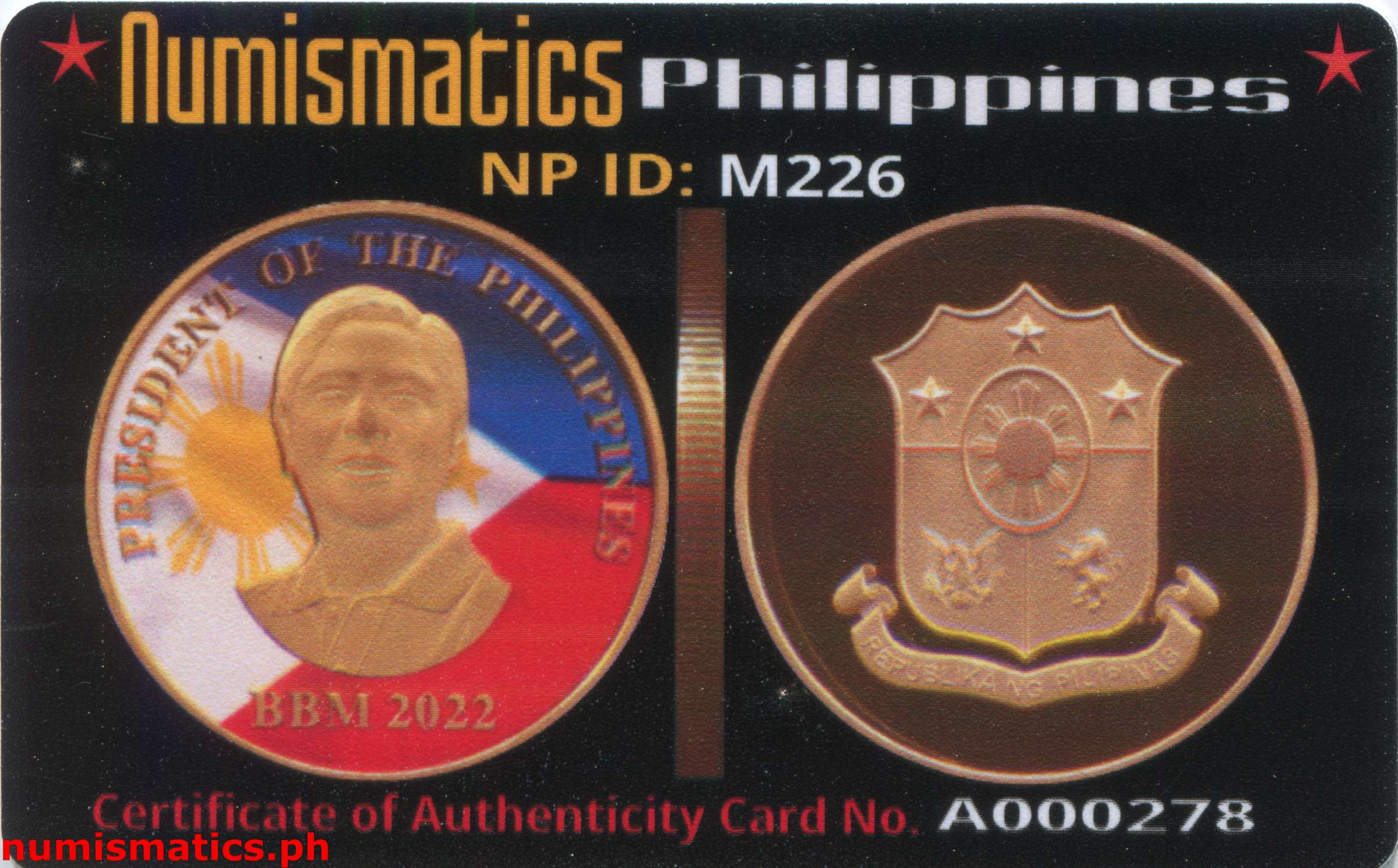 2022 BBM President of the Philippines Medal A000278 COA Card Obverse