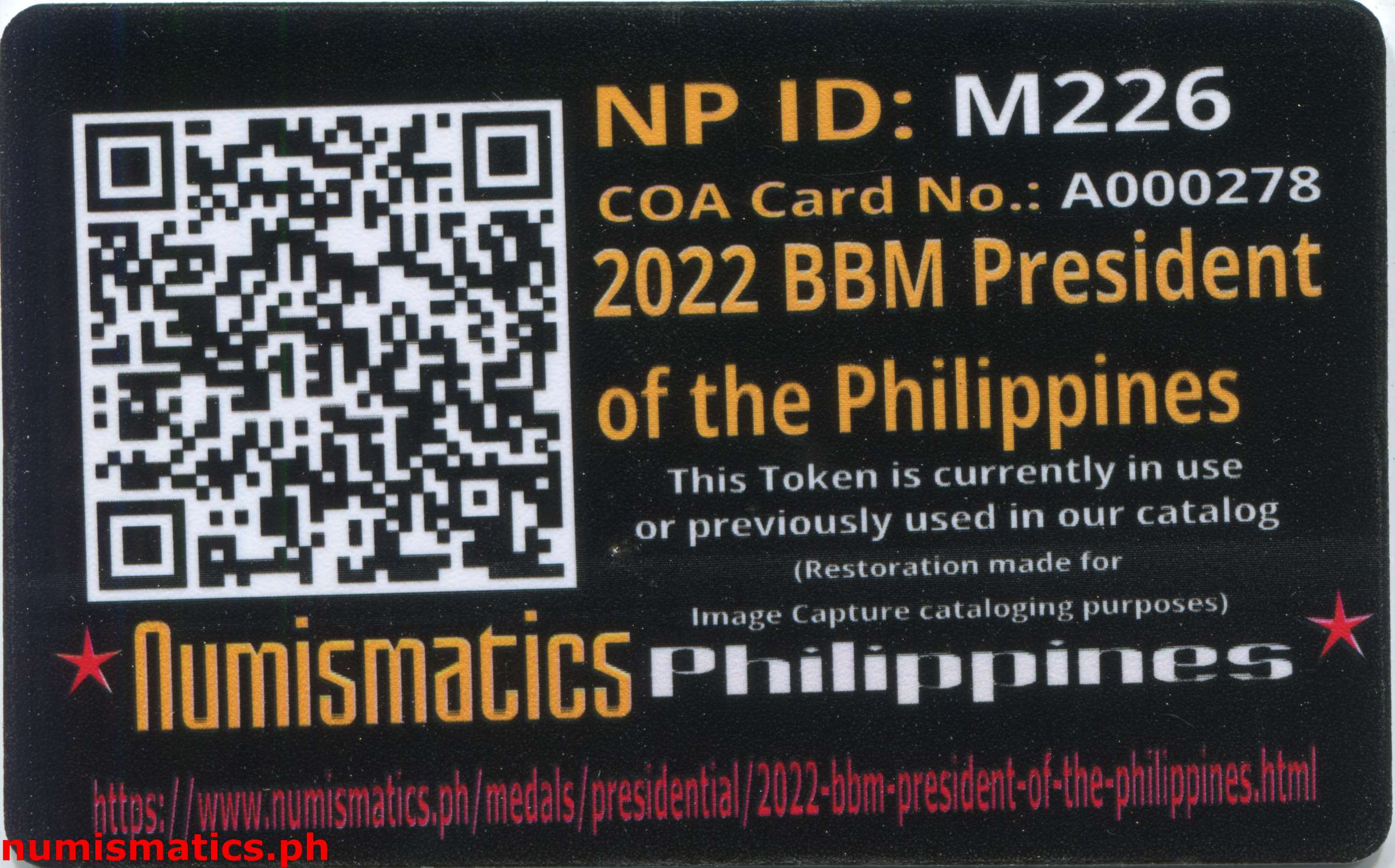 2022 BBM President of the Philippines Medal A000278 COA Card Reverse