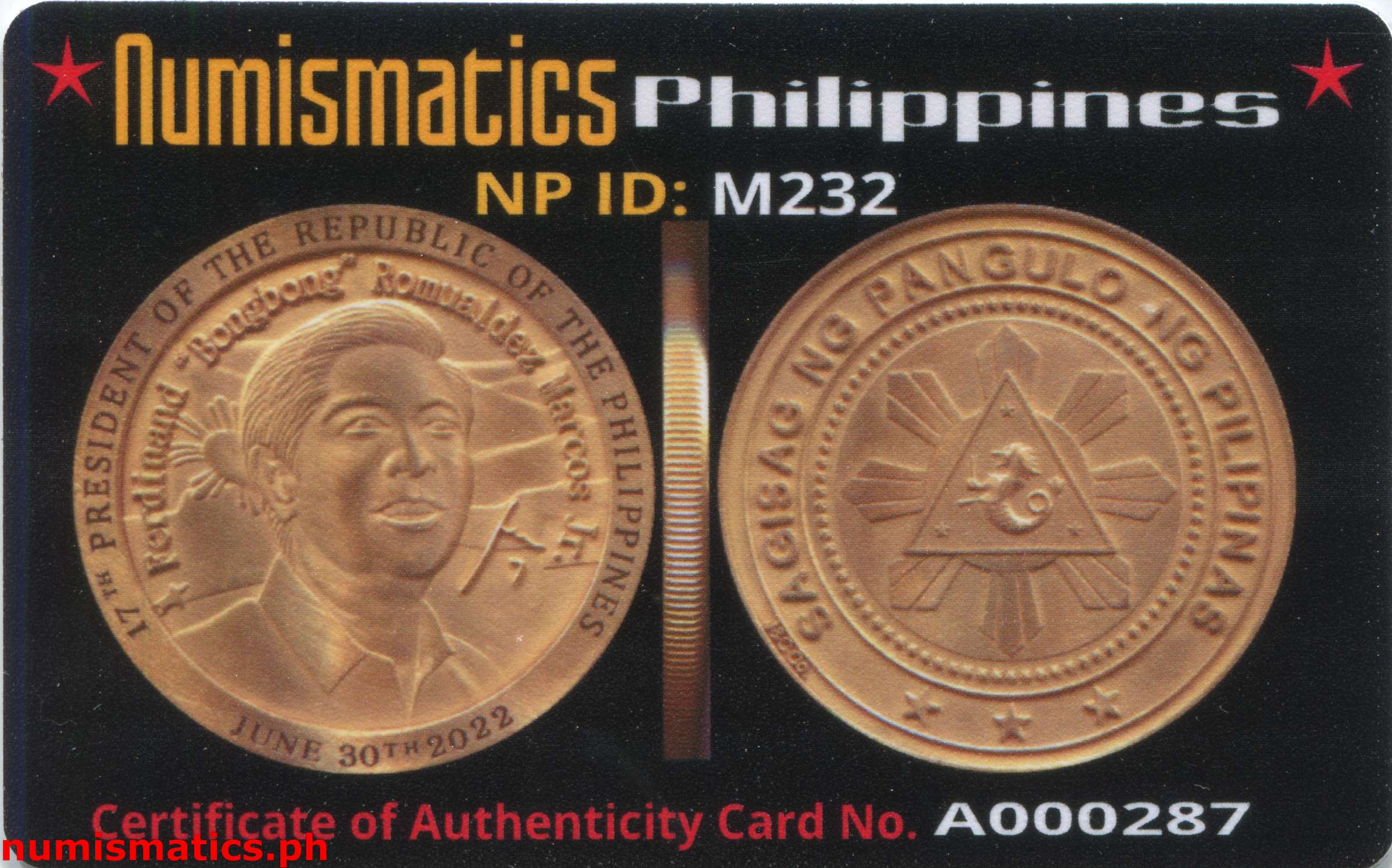 2022 17th President Ferdinand Bongbong Romualdez Marcos Jr. by J.C. Co. Medal A000287 COA Card Obverse