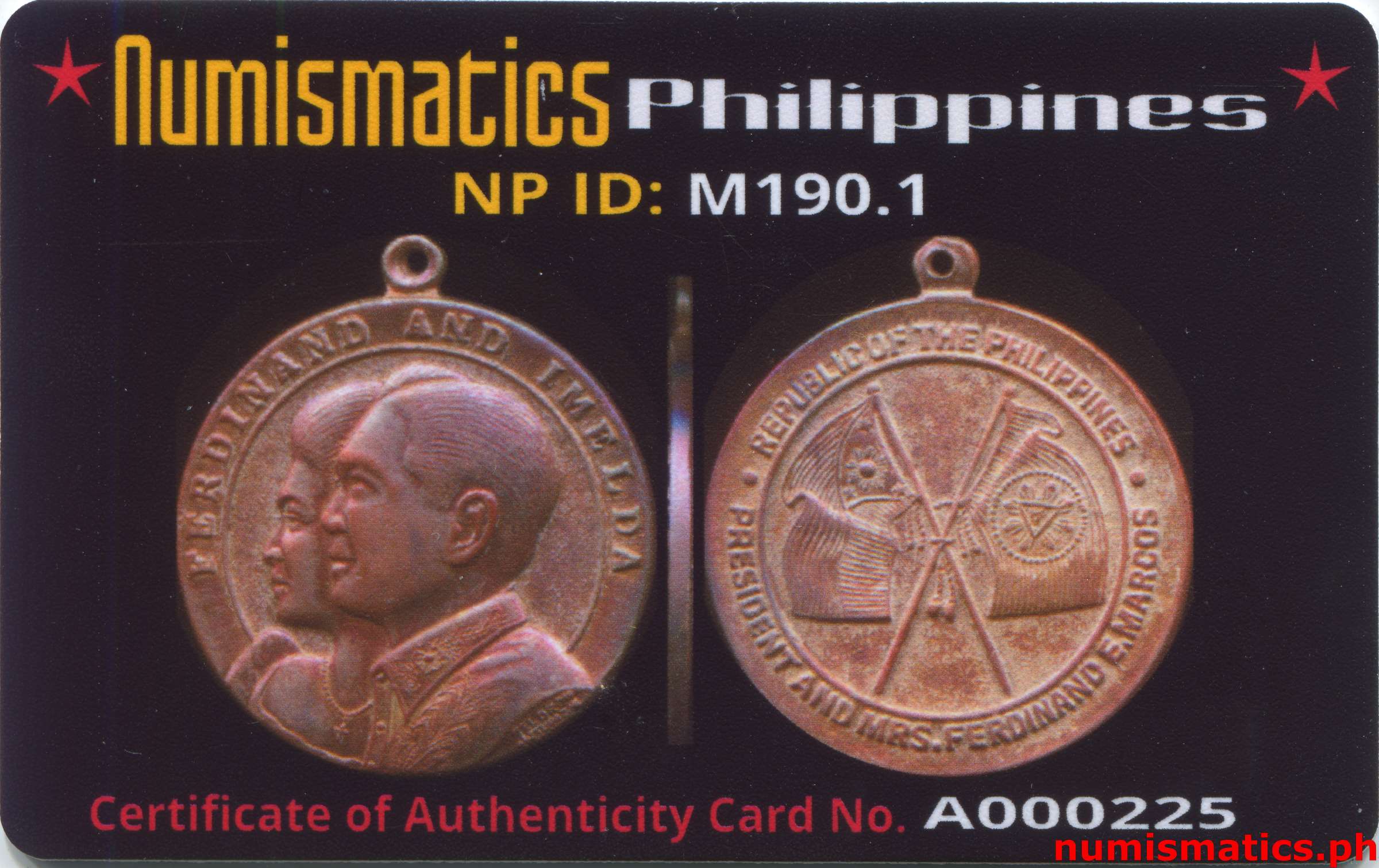 Ferdinand and Imelda Medal El Oro 2 Flag A000225 COA Card Obverse