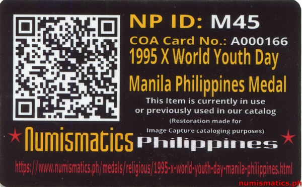 1995 X World Youth Day Manila Philippines Medal A000166 Card Reverse