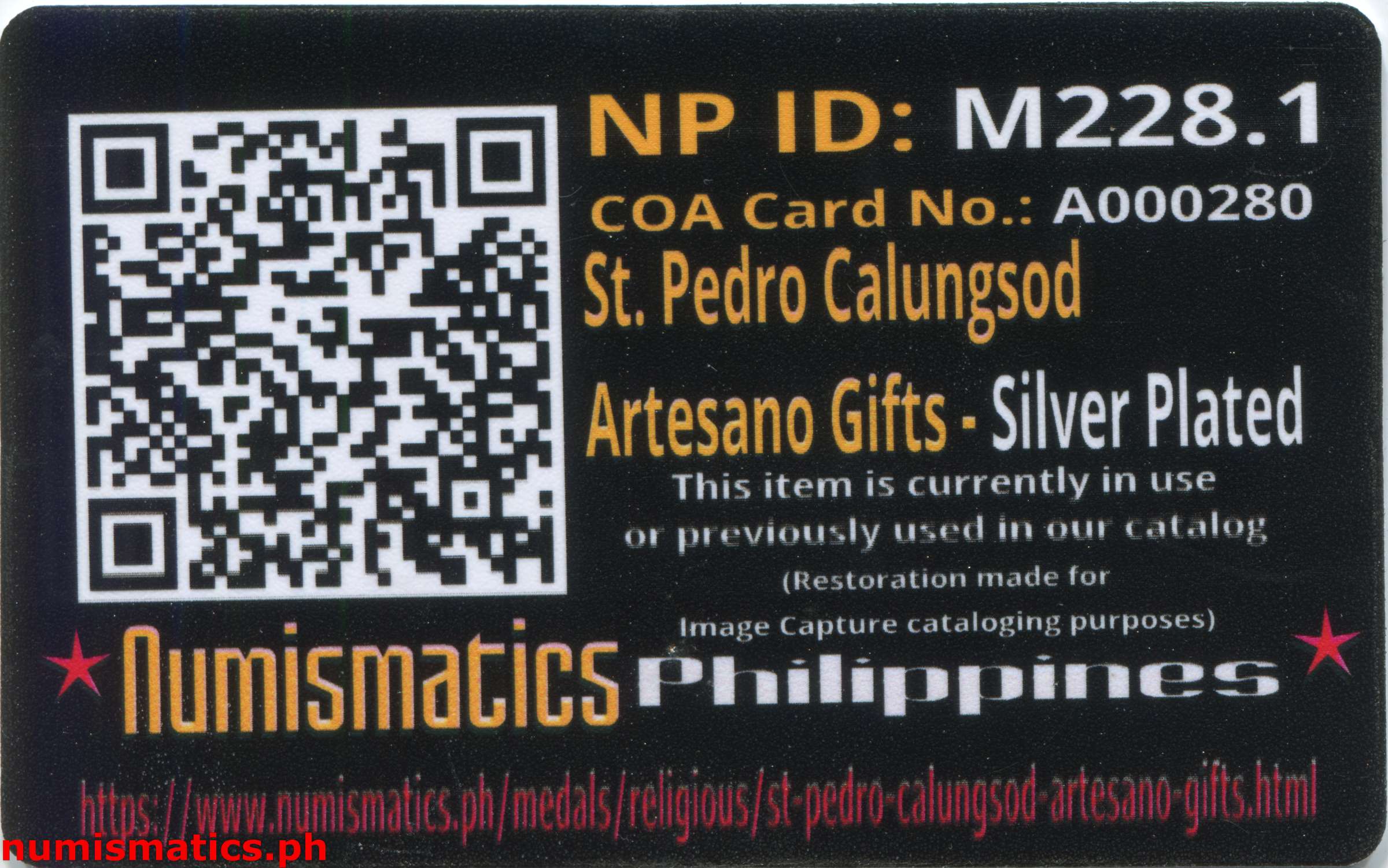 St. Pedro Calungsod - Artesano Gifts Medal Silver Plated A000280 Card Reverse