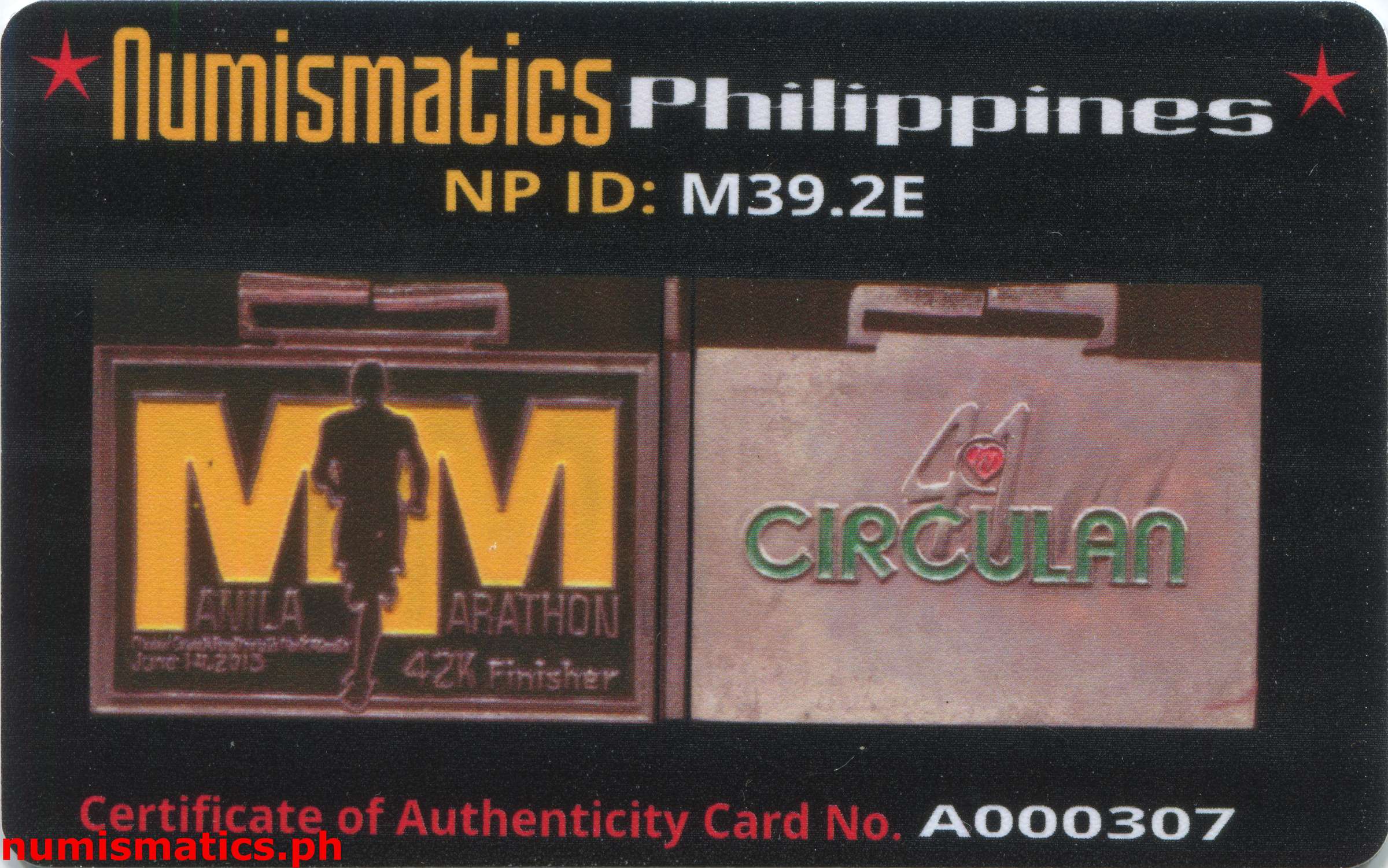 2015 Manila Marathon 42K Medal A000307 COA Card Obverse