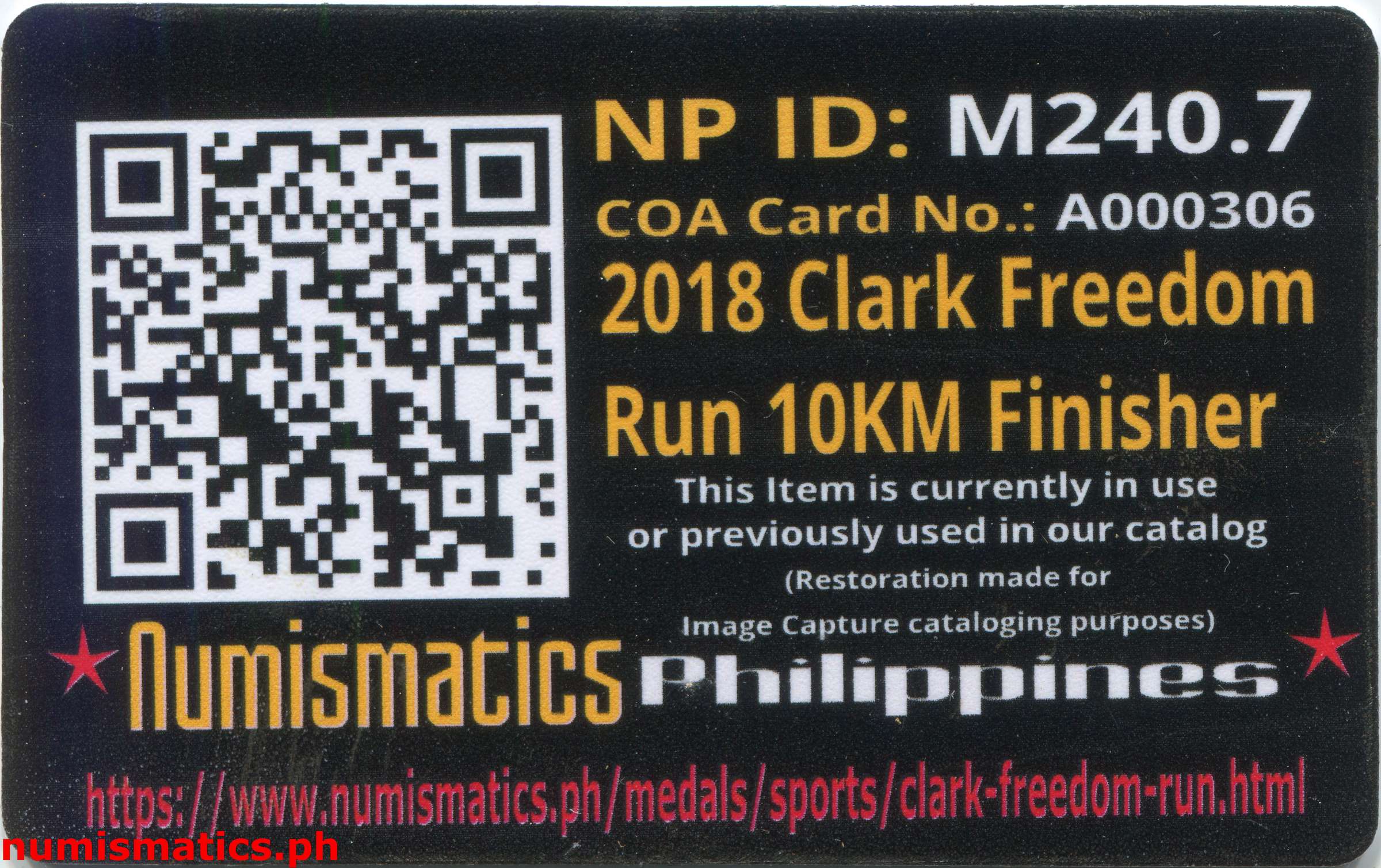 2018 Clark Freedom Run 10KM Finisher Medal A000306 COA Card Reverse