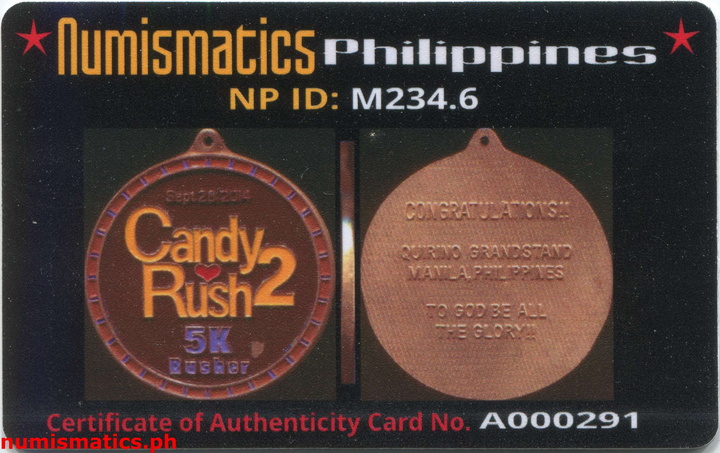 2014 Candy Rush 2 Fun Run Rusher Medal A000291 COA Card Obverse