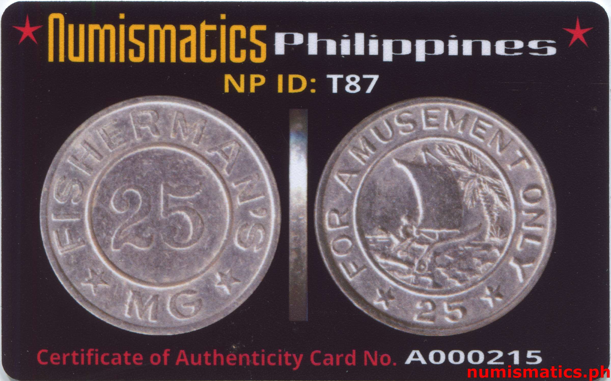 25 Centavos Fisherman's MG Token A000215 COA Card Obverse