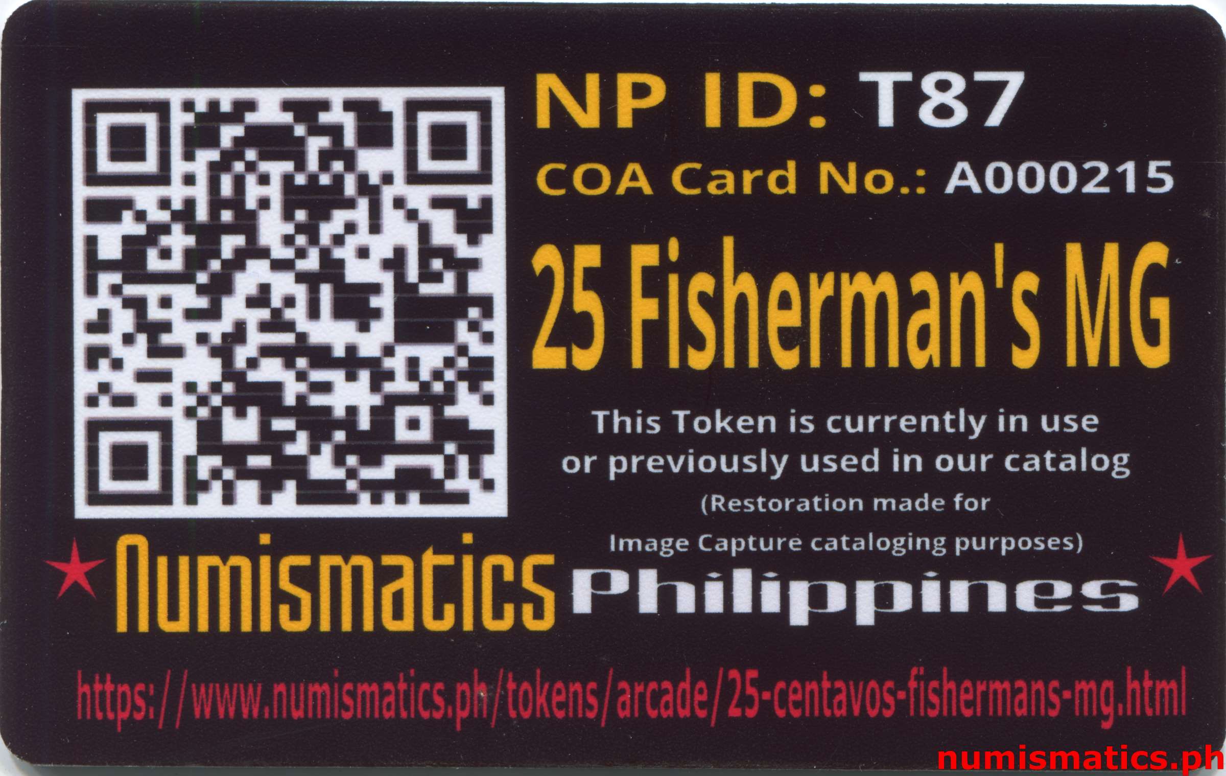 25 Centavos Fisherman's MG Token A000215 COA Card Reverse
