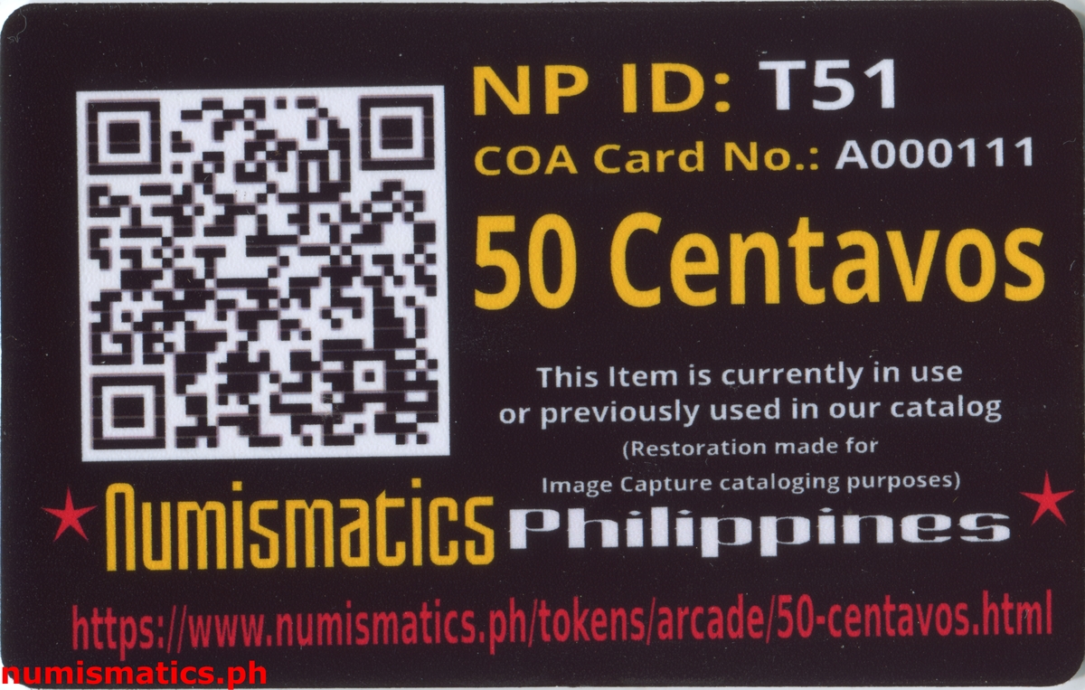 50 Centavos Amusement Gaming Token A000111 COA Card Reverse