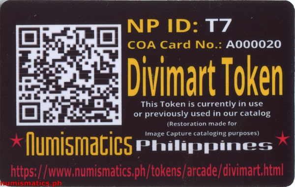 Divimart Arcade Gaming Token A000020 COA Card Reverse