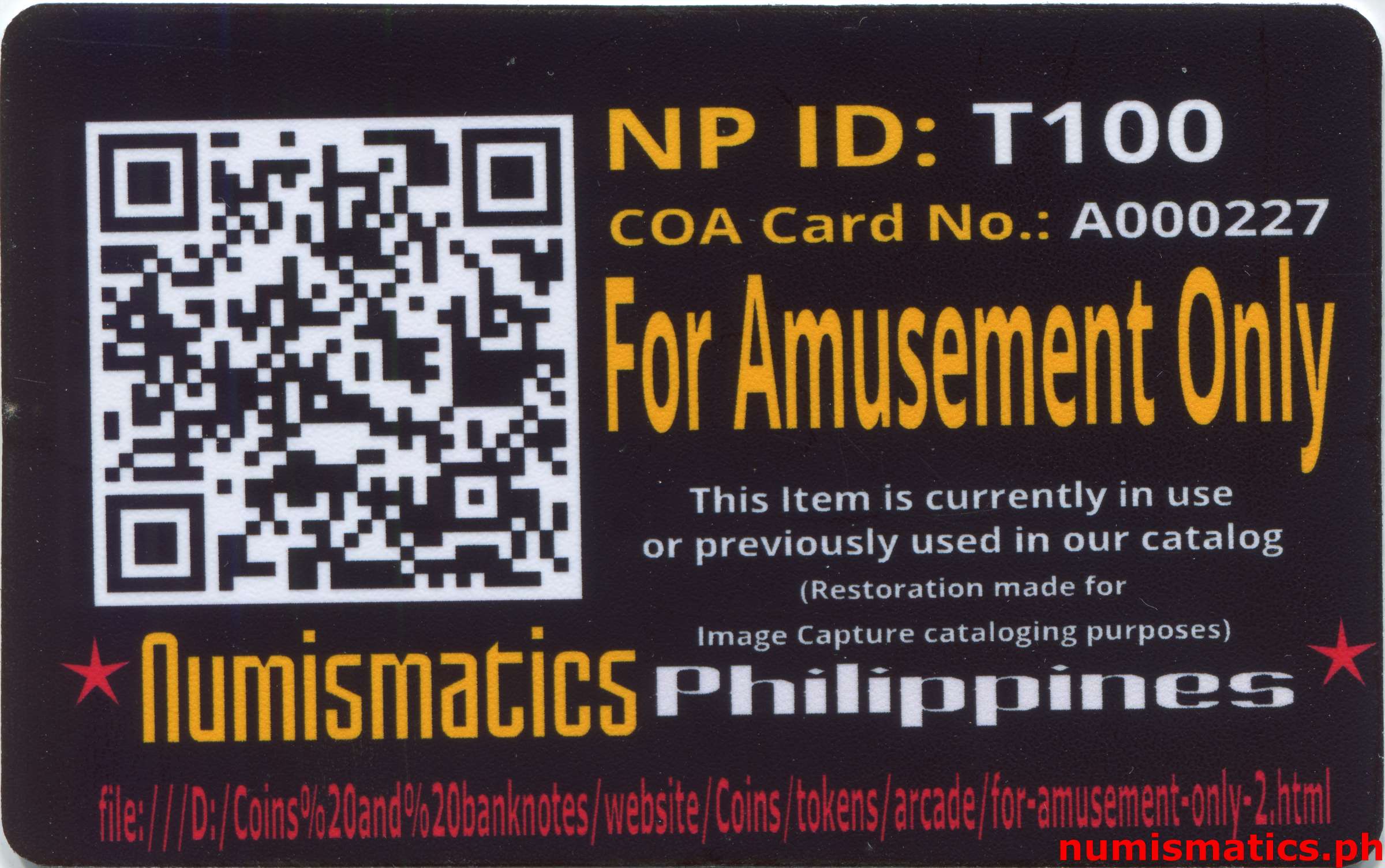 For Amusement Only Amusement Gaming Token A000227 COA Card Reverse