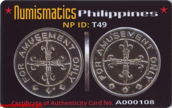 For Amusement Only Amusement Gaming Token A000108 COA Card Obverse