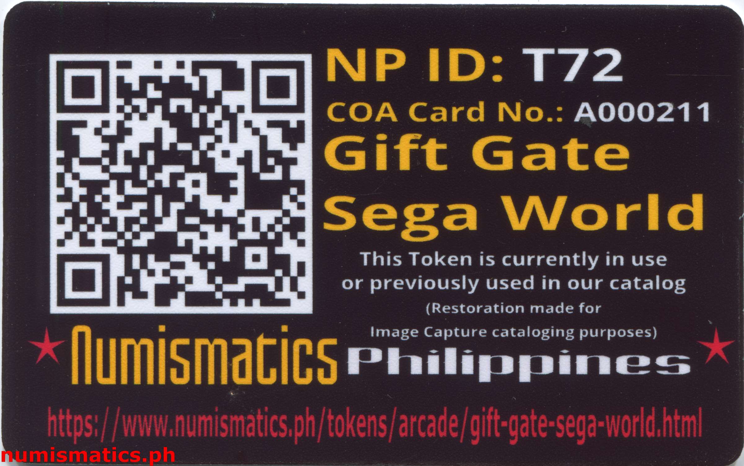 Gift Gate Sega World Token A000211 COA Card Reverse