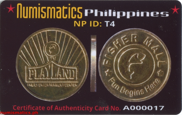 Playland Fisher Mall Arcade Gaming Token A000017 COA Card Obverse
