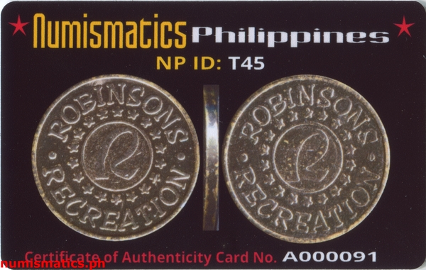 Robinsons Recreation Arcade Gaming Token A000091 COA Card Obverse