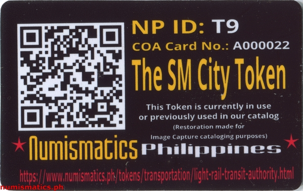 The SM City Arcade Gaming Token A000022 COA Card Reverse