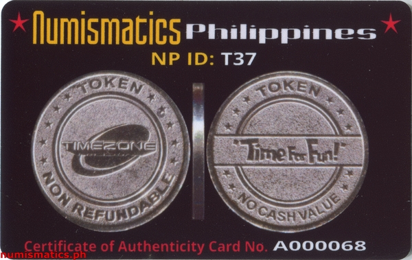 Timezone Arcade Gaming Token A000068 COA Card Obverse