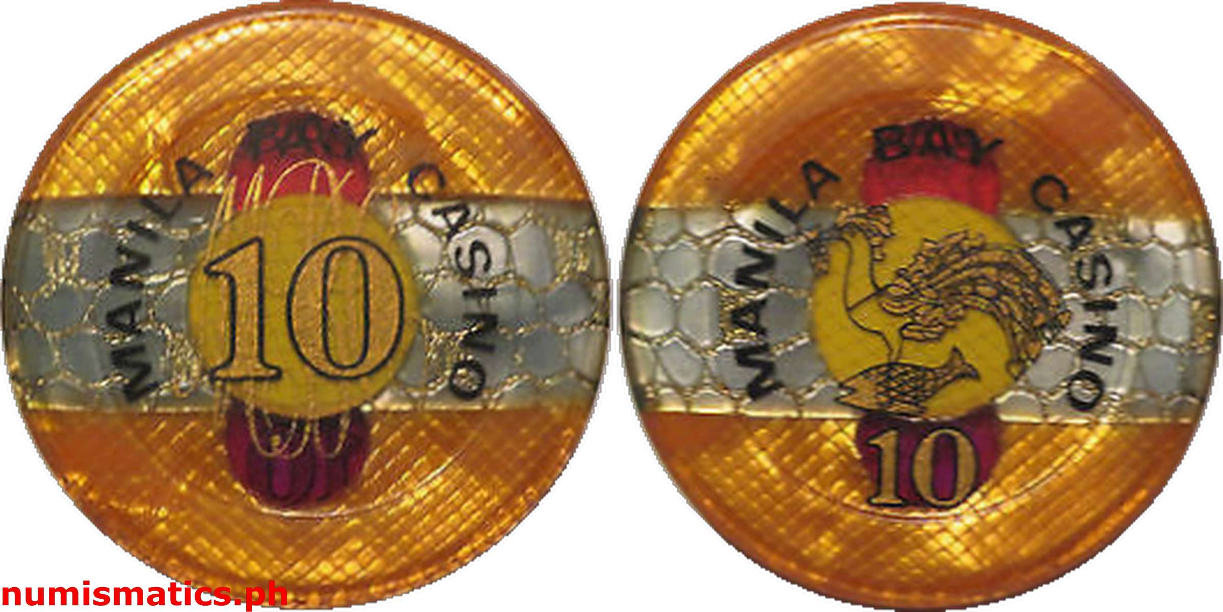 10 Pesos Golden Yellow Manila Bay Casino Chip