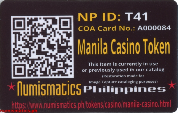 Manila Casino Token A000084 COA Card Reverse