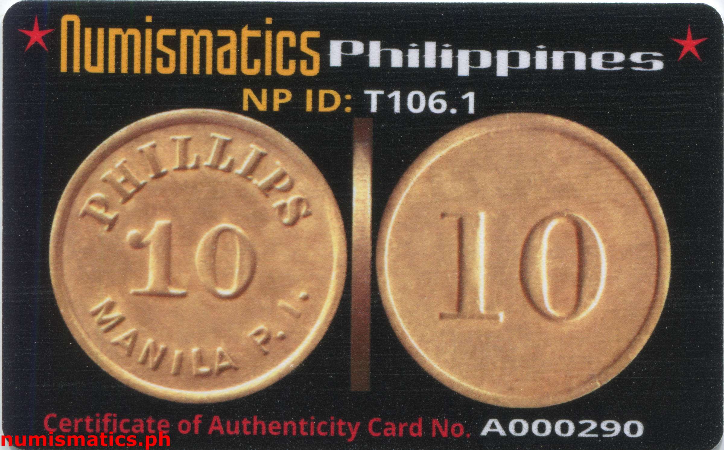 1940's 10 Centavos Phillips Manila P.I. Token A000290 COA Card Obverse