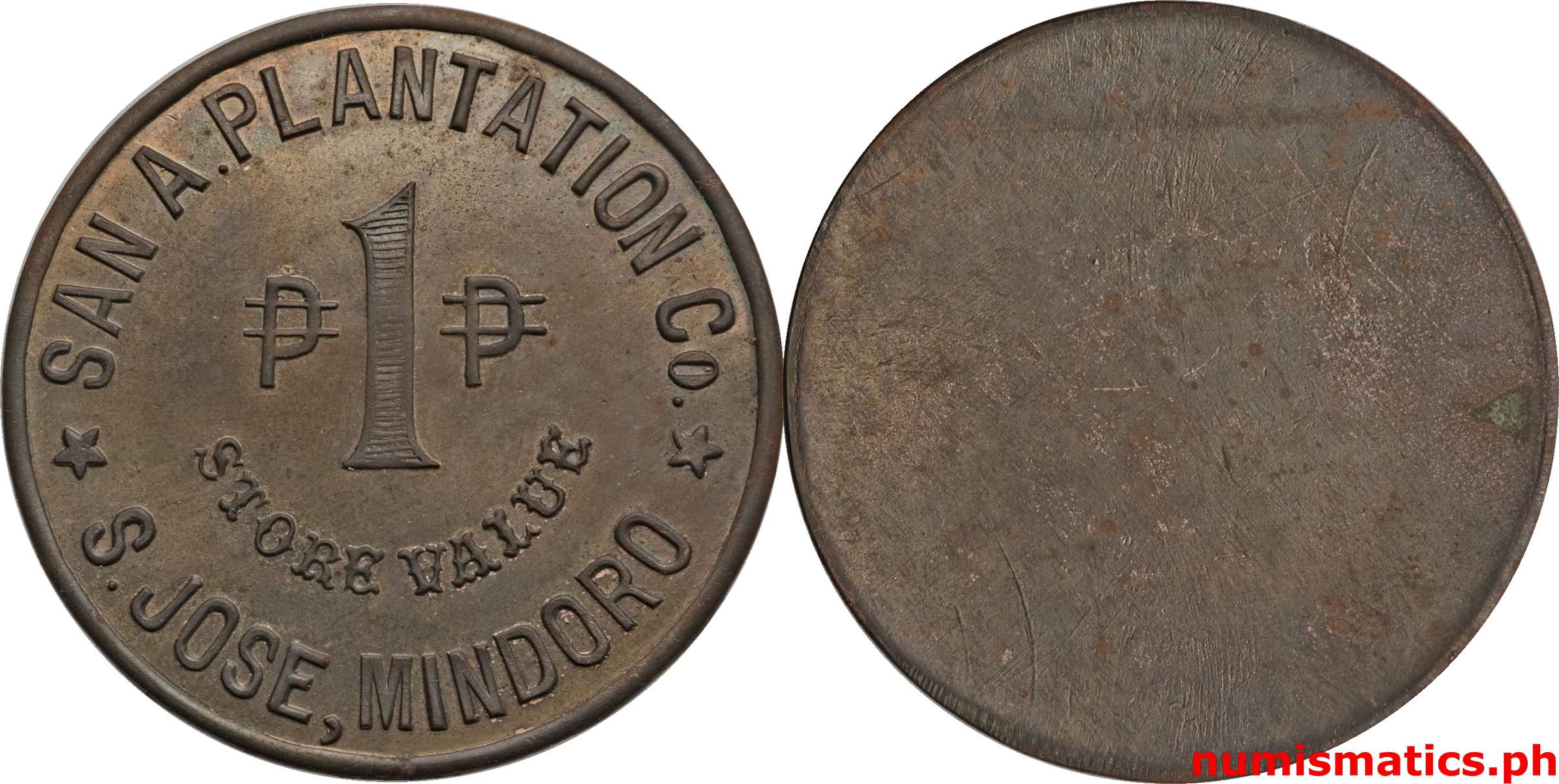 1 Peso 1920's San Agustin Plantation Co. Token