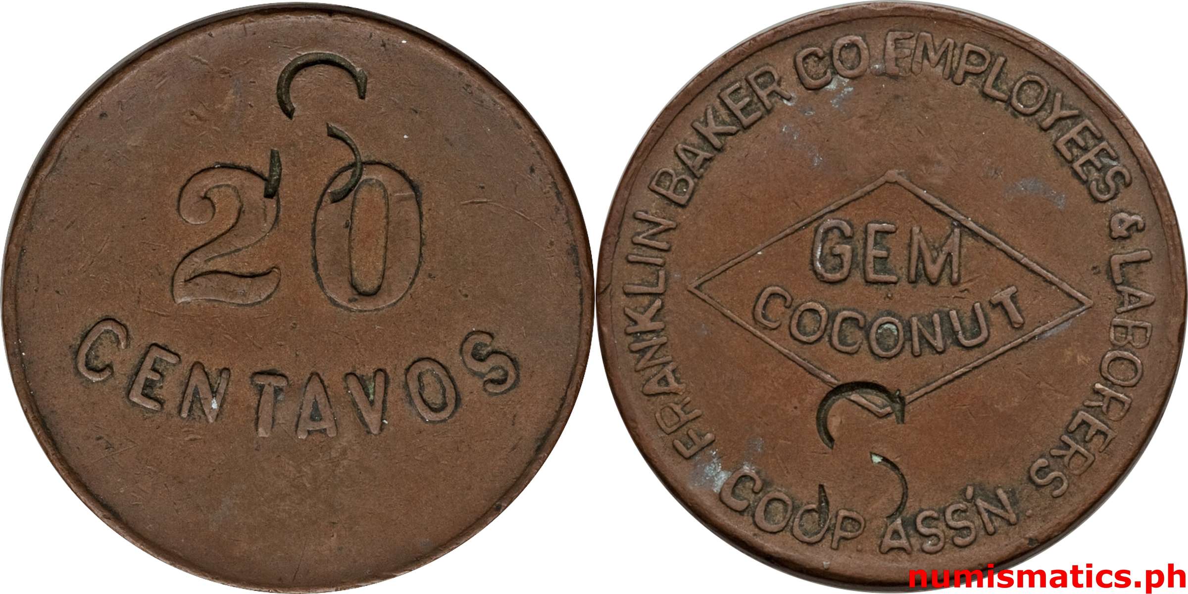 20 Centavos 1920's Franklin Baker Company ELCA Token