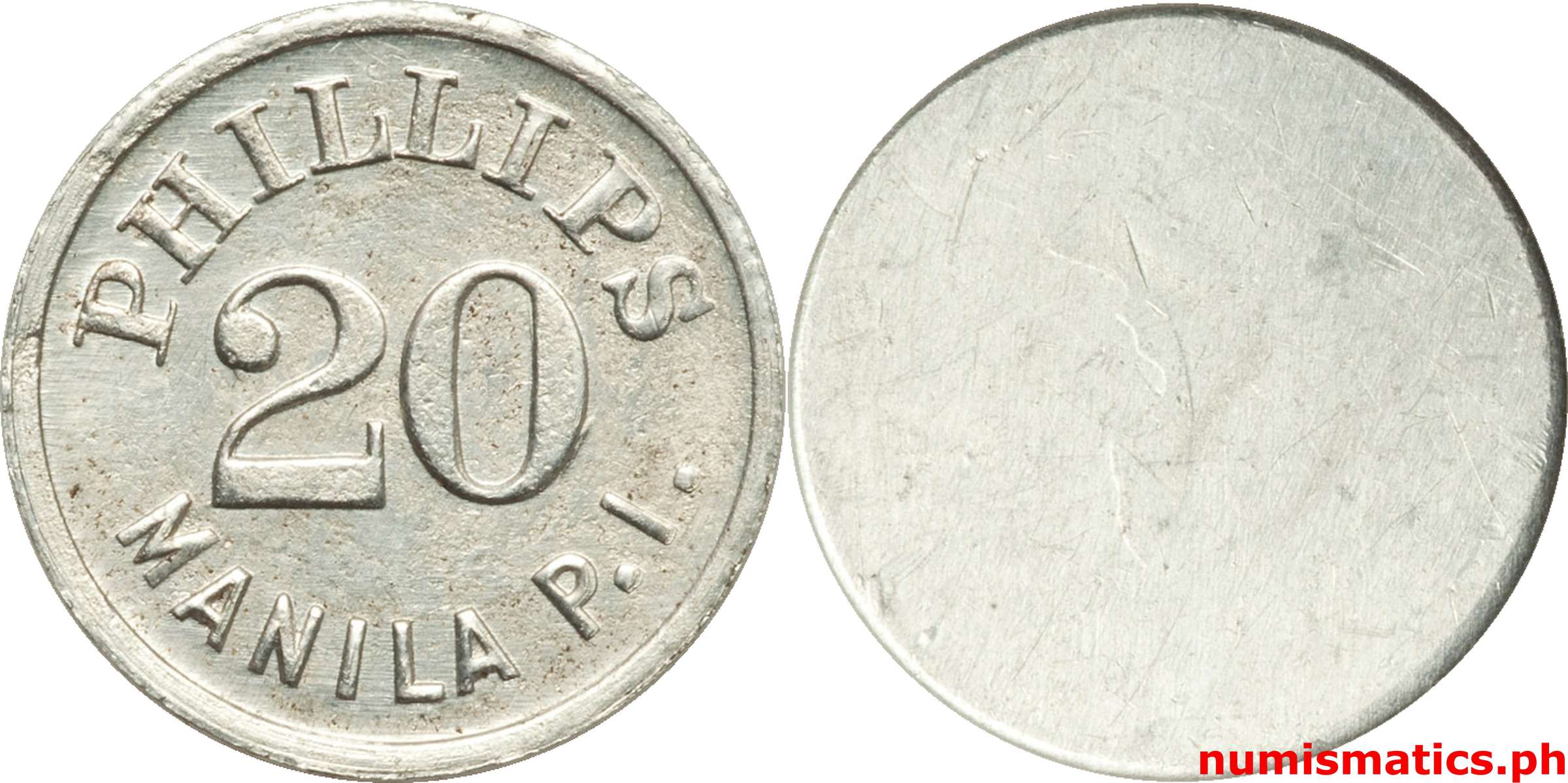 1940's 20 Centavos Phillips Manila P.I. Token White Metal