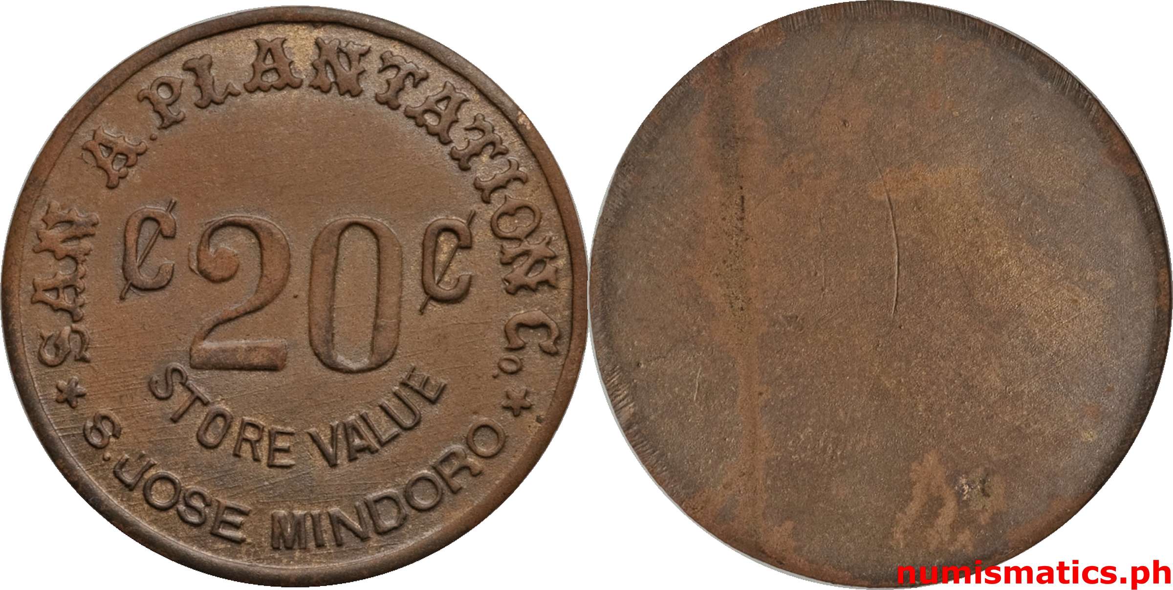20 Centavos 1920's San Agustin Plantation Co. Token