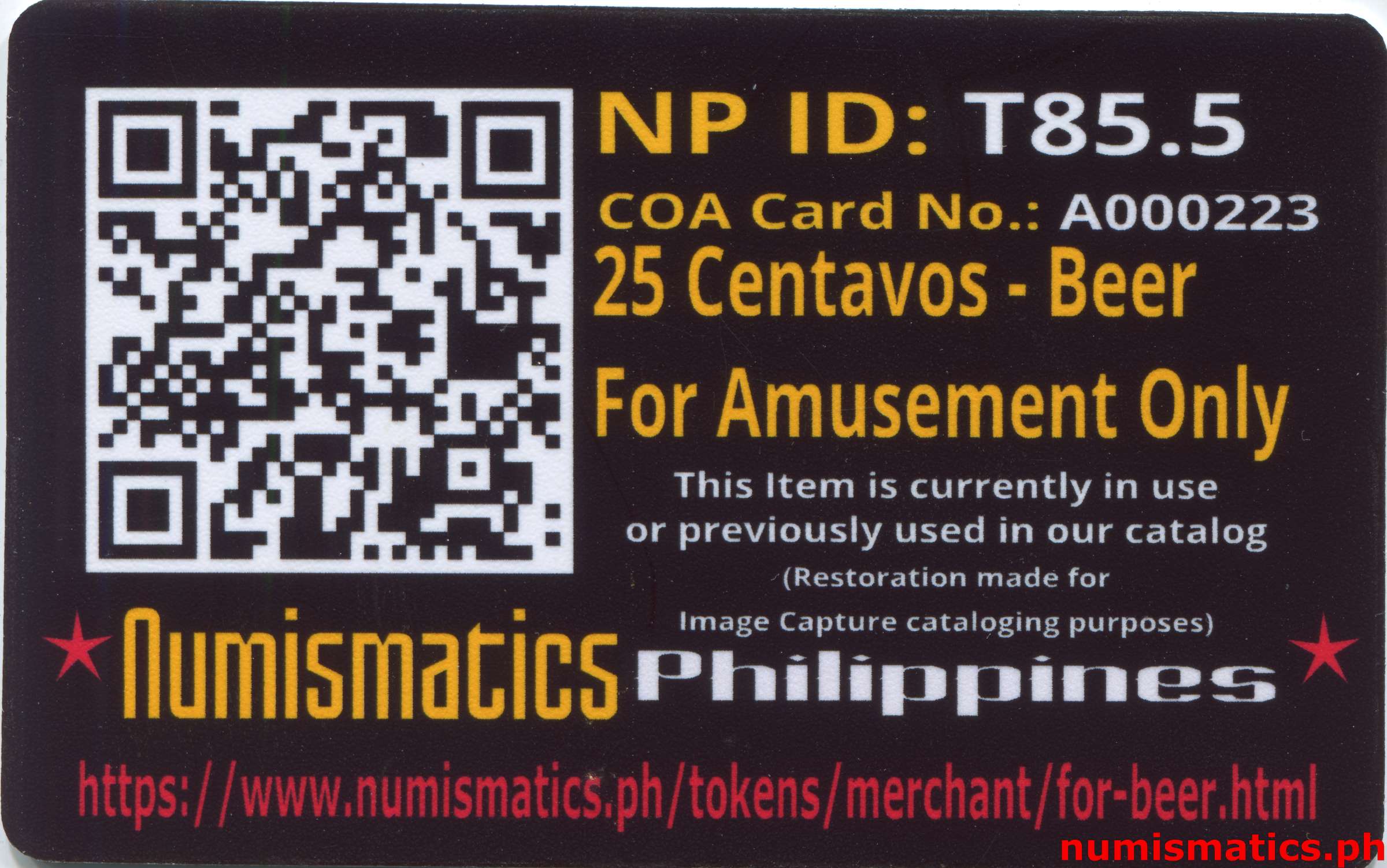 1960's 25 Centavos For Amusement Only Token A000223 COA Card Reverse