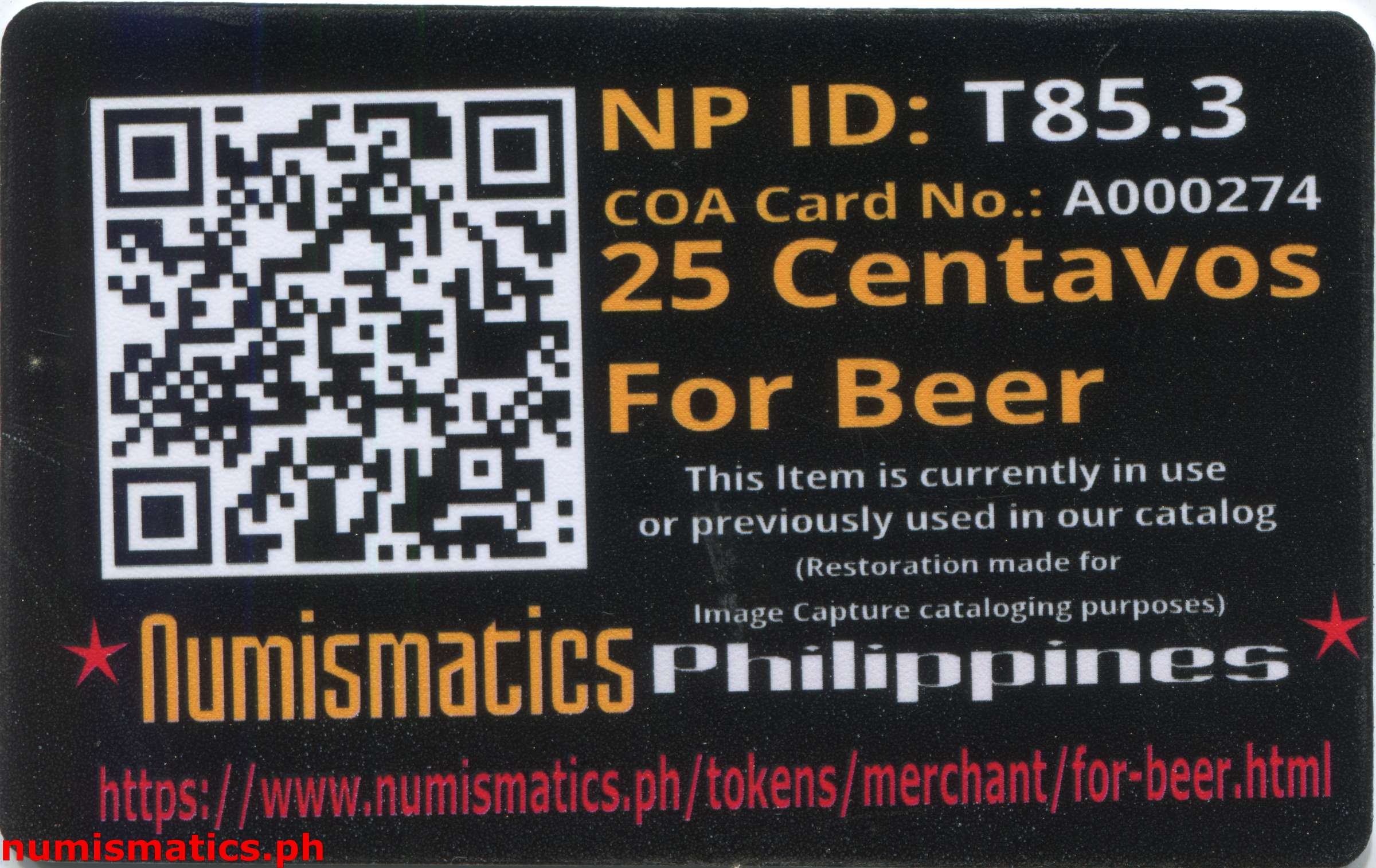 1960's 25 Centavos For Beer Token A000274 COA Card Reverse