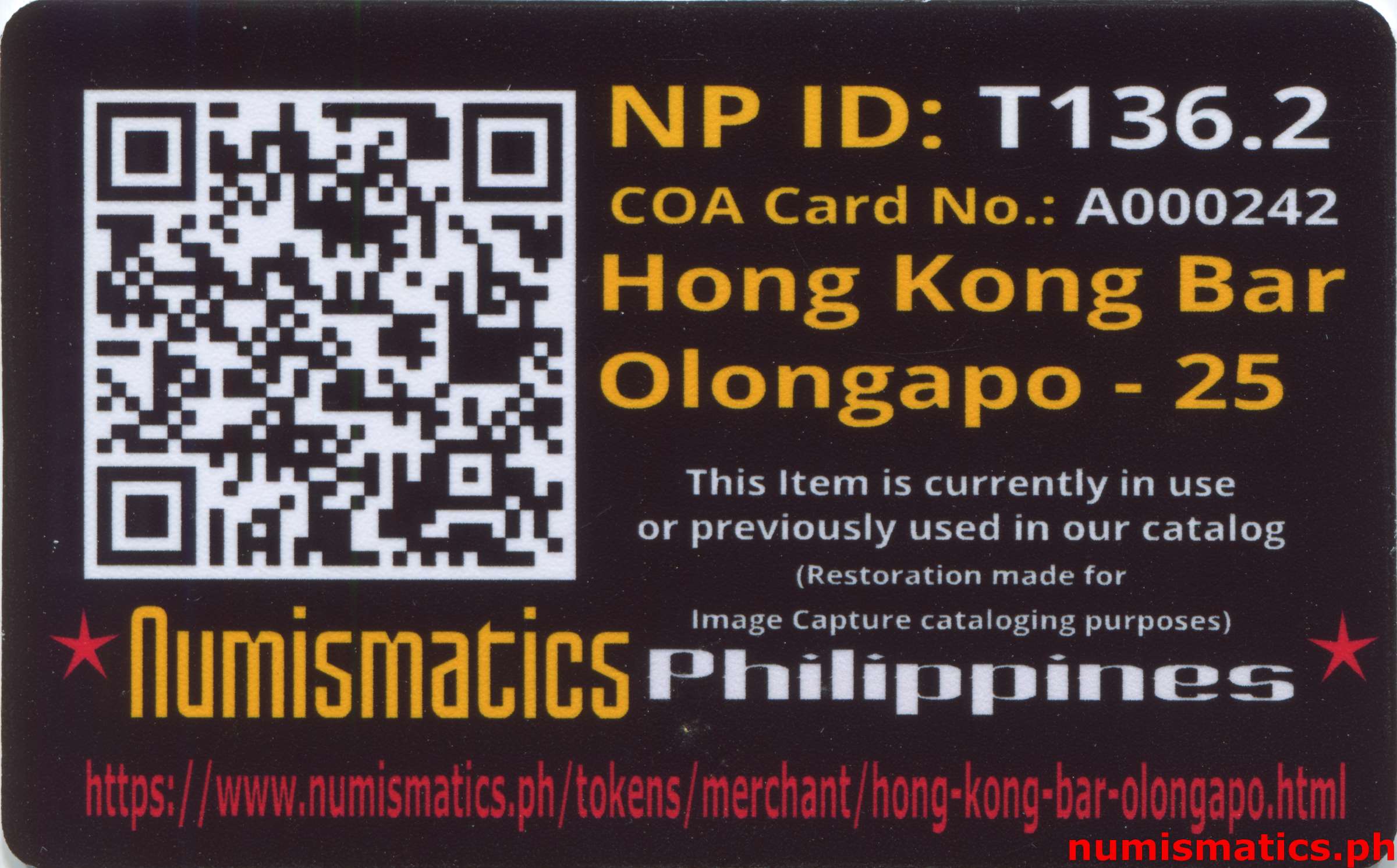 1960's 25 Centavos Hong Kong Bar Olongapo Token A000242 COA Card Reverse