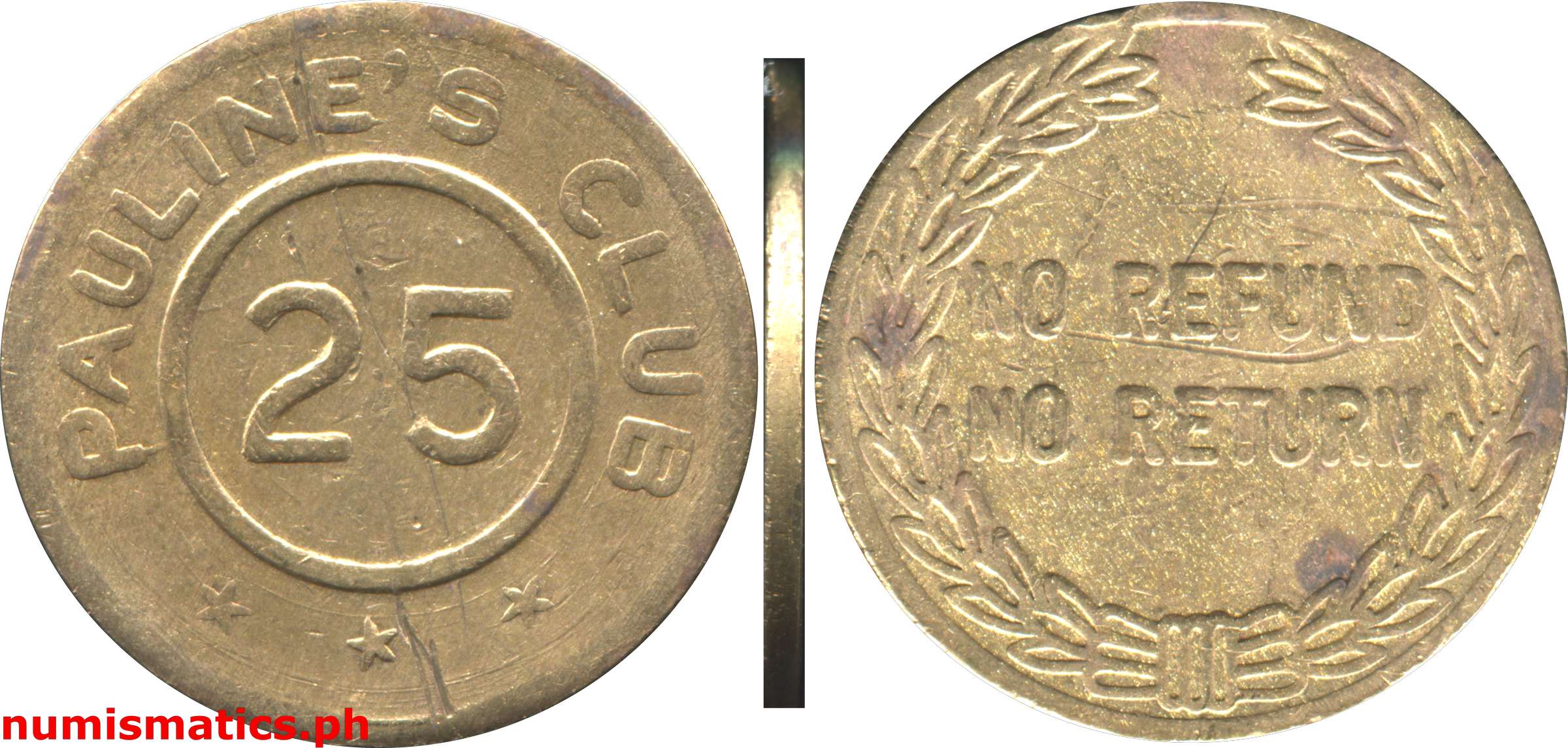 Late 1960's 25 Centavos Pauline's Club Token Without Symbol