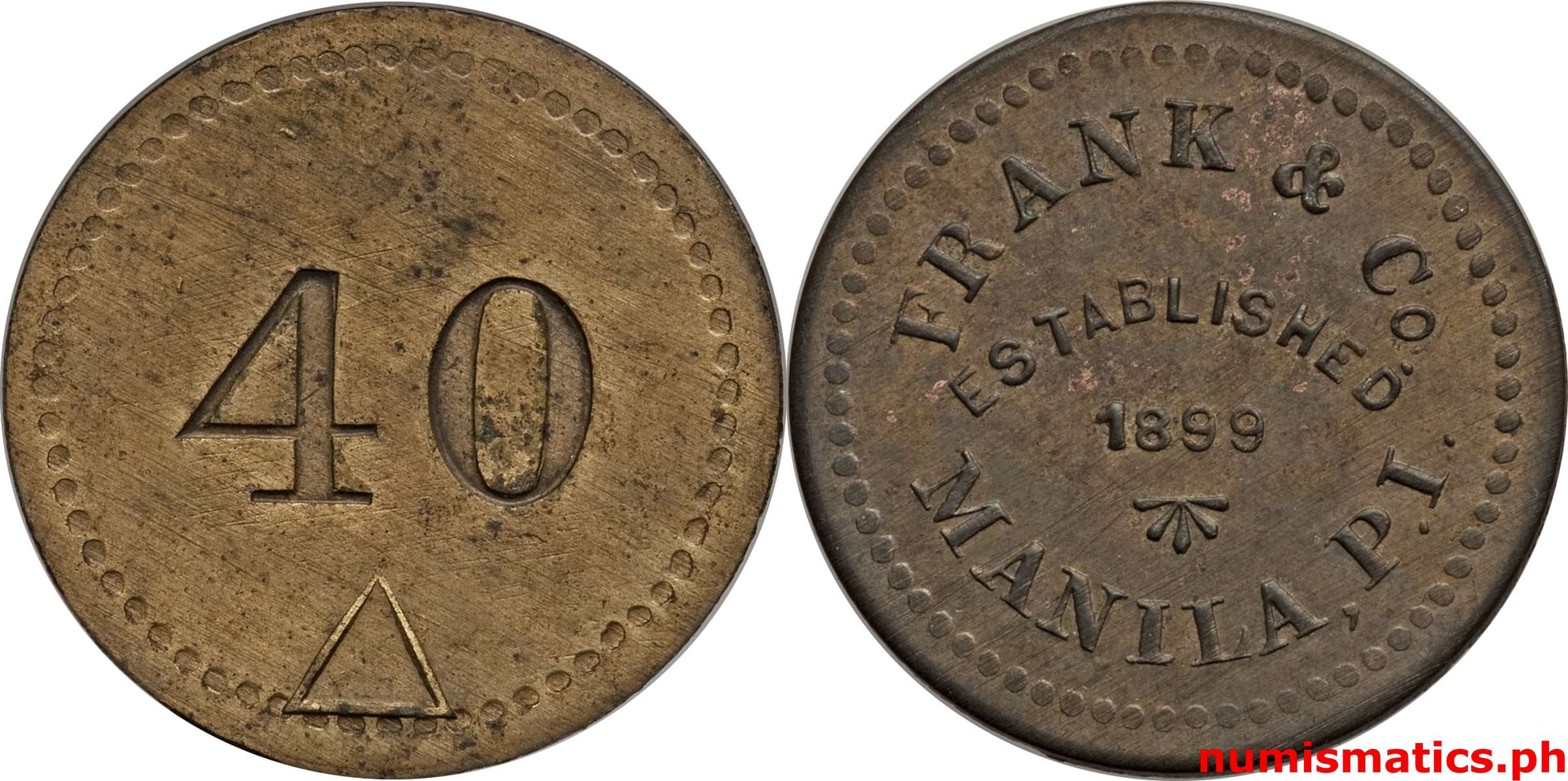 40 Centavos Late 1930's Frank and Co. Manila P.I. Token