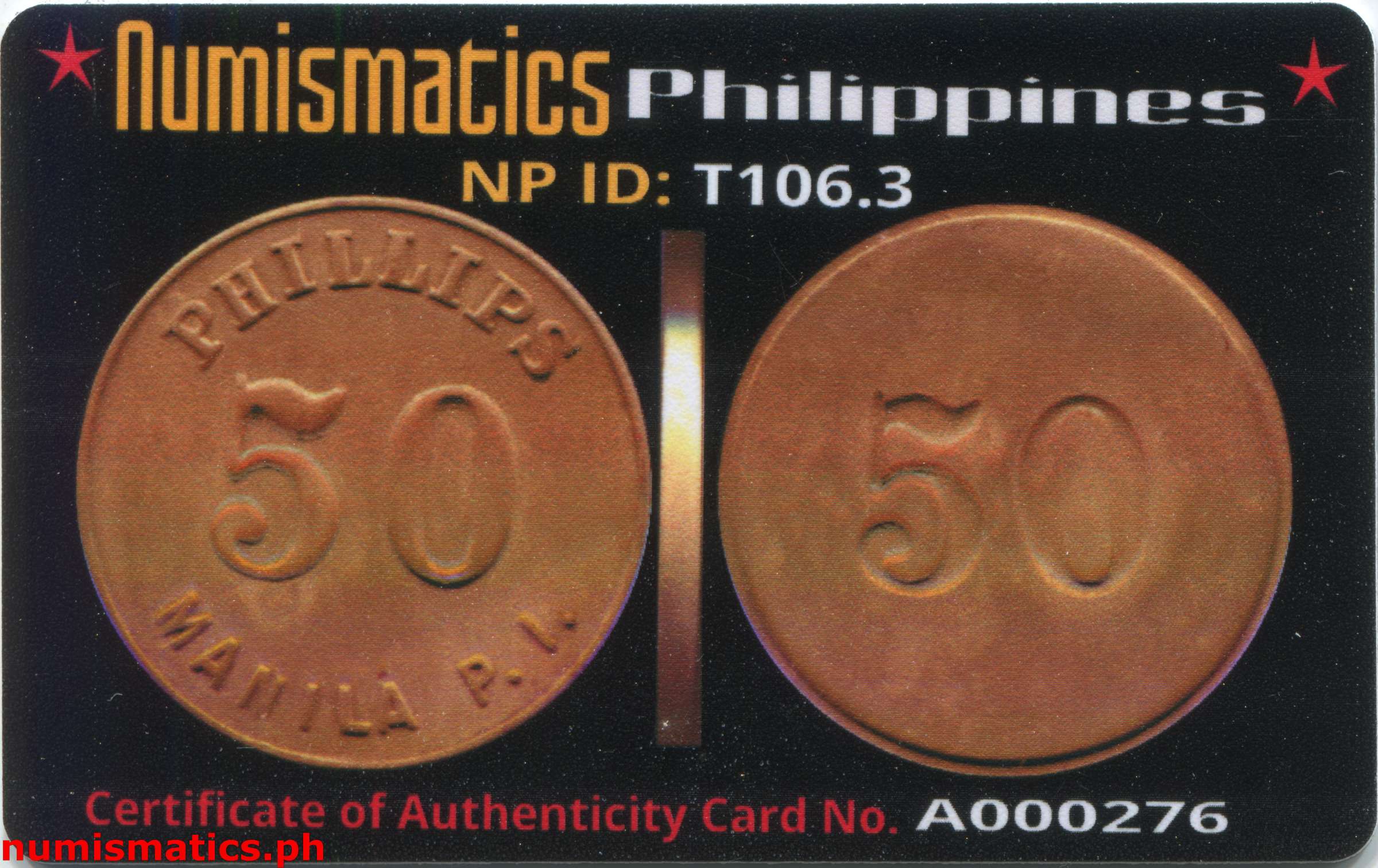 1940's 50 Centavos Phillips Manila P.I. Token A000276 COA Card Obverse