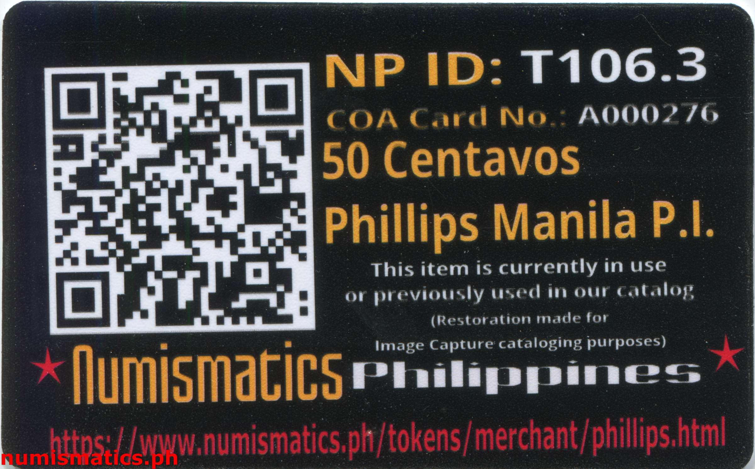 1940's 50 Centavos Phillips Manila P.I. Token A000276 COA Card Reverse