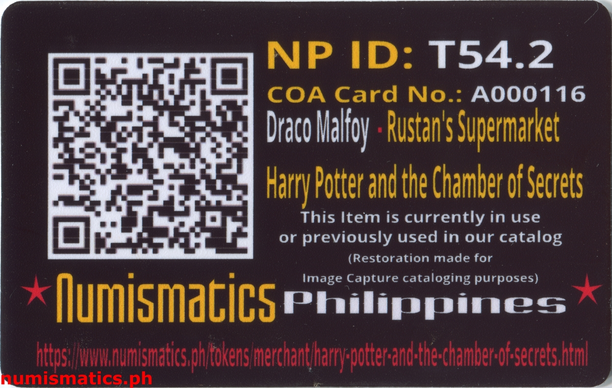 2002 Draco Malfoy Harry Potter and the Chamber of Secrets Gringotts Token A000116 COA Card Reverse