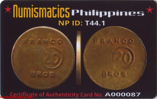 1940's Franco Bros Token A000087 COA Card Obverse