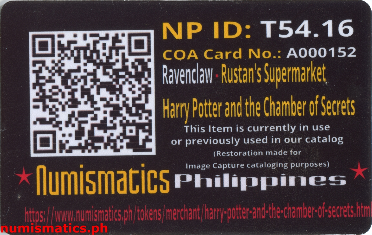 2002 Ravenclaw Harry Potter and the Chamber of Secrets Gringotts Token A000152 COA Card Reverse