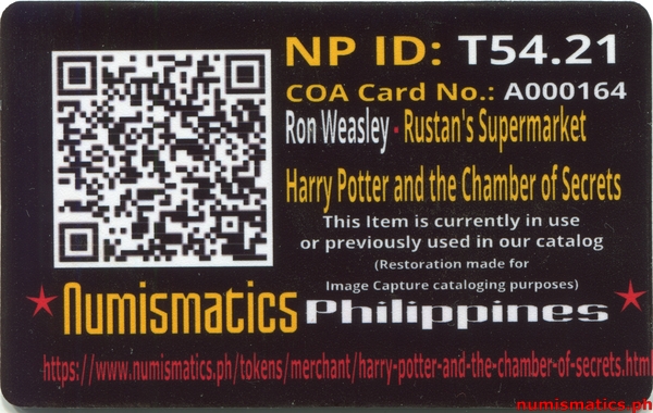 2002 Ron Weasley Harry Potter and the Chamber of Secrets Gringotts Token A000164 COA Card Reverse