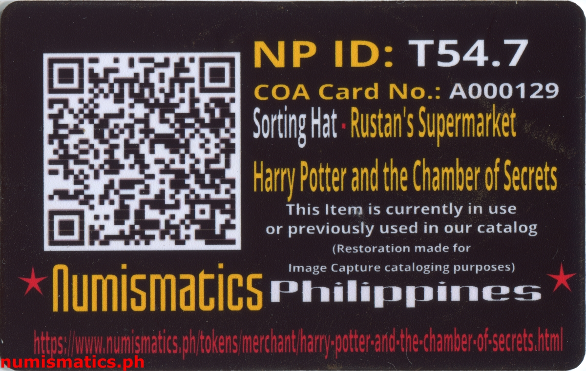 2002 Sorting Hat Harry Potter and the Chamber of Secrets Gringotts Token A000129 COA Card Reverse