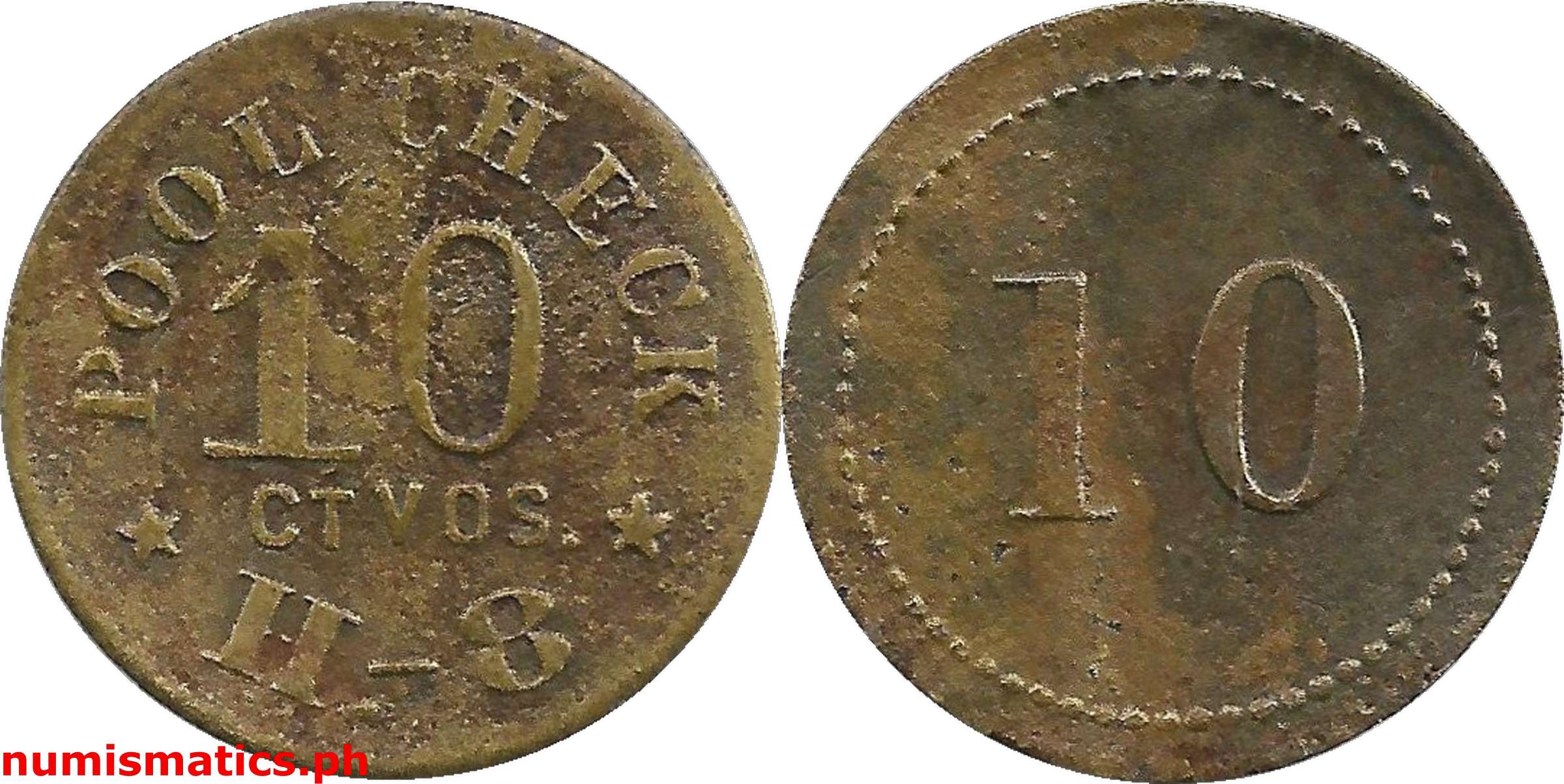 Mid 1910's 10 Centavos H-8 Troop H, 8th Cavalry Pool Check Token