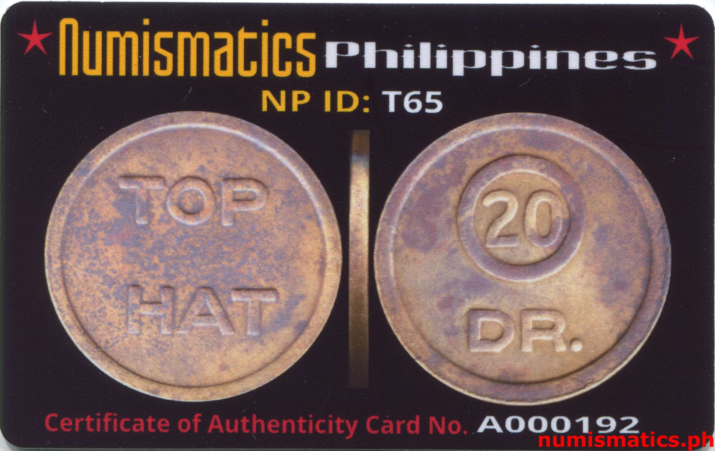 20 Centavos DR Top Hat Military Token A000192 COA Card Obverse